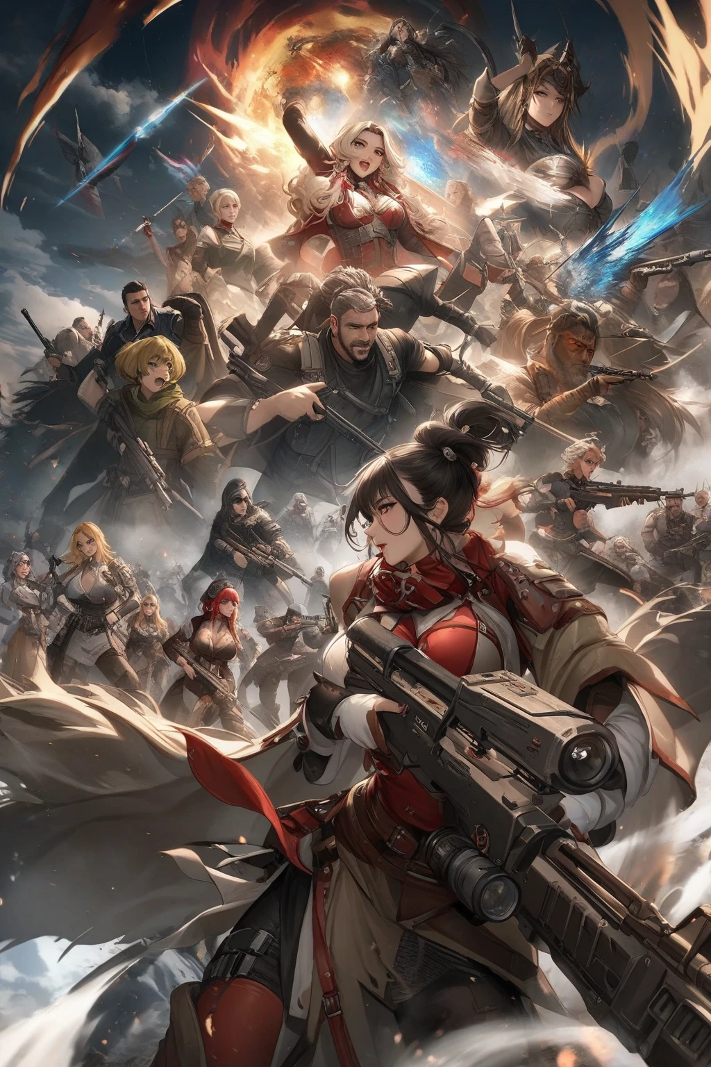 (masterpiece:1.2), (best quality:1.2), perfect eyes, perfect face, perfect lighting, 1girl, mature whsororitas with a laser rifle in her hands, scar over one eye, eyepatch, red tabard, white hair, warhammer 40k, chaos, fire, scifi, detailed ruined city background, power armor