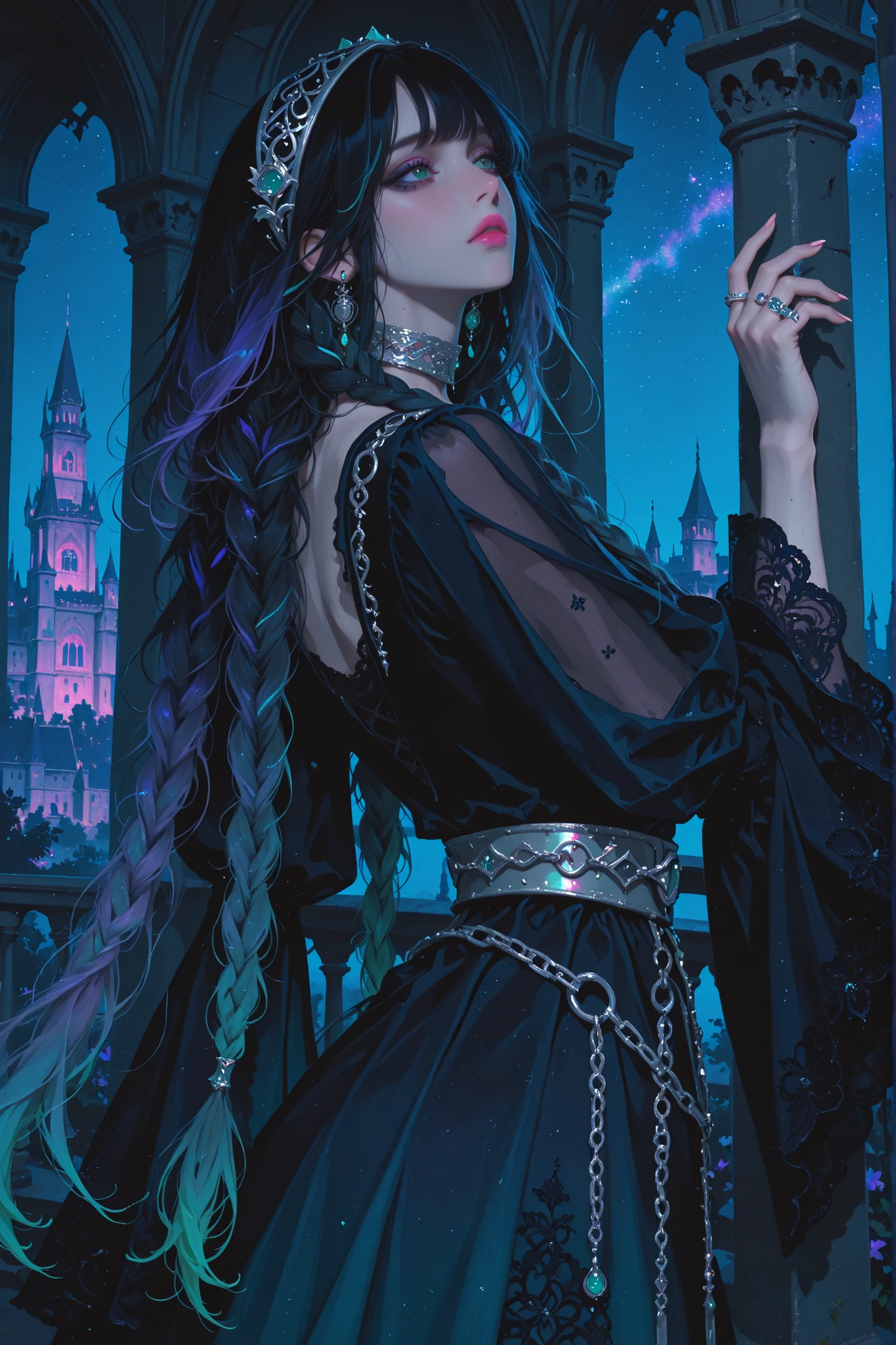 anime style, anime coloring, 8k, HDR, extremely detailed face and eyes, beautiful face and eyes, solo, beautiful, cool, masterpiece, top quality, great quality, dynamic pose, background, highres, matte colouring, flat colouring, matte skin, 1girl, young woman, dynamic hair, dynamic clothes, multicoloured hair, gradient hair, twin braids, long braids, bangs, rings in braids, black_hair_roots, iridescent hair, dark_blue highlights, azure highlights, indigo highlights, grey highlights, teal highlights, neon_blue highlights, emerald highlights, purple_blue highlights, neon_green eyes, sharp dark_blue eyeliner, pink lipstick, fuschia lipstick, medieval dress, fantasy dress, dark_blue dress, black lace, wide sleeves, silver jewellery, elegant metal headband, long earrings, silver chain choker, layered_necklaces, silver decorative belt on hips, long sleeves, wide sleeves, lace, velvet, black mesh, designer dress, maxi dress, sheer fabric, intricate patterns, sad face expression, gothic castle balcony, night, outside, nightlight, gothic tower, starry sky, flowers on balcony, cool lighting, side angle, dancing, turning around, braids sway, flowing fabric, flowing hair, wind