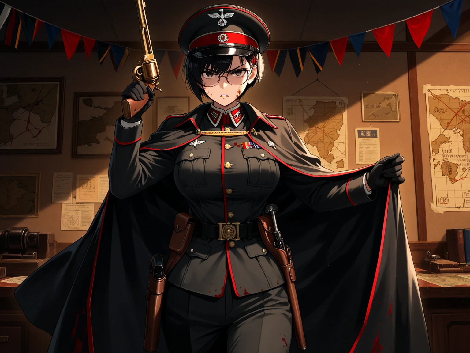 Content:
A black, adult female general with long brown hair and brown eyes. She has a mature face and is wearing a uniform loosely inspired by German military attire. She is saluting the camera with a confident and serious expression, her left hand behind her back.

Medium:
Digital art, anime illustration.

Style:
Pixiv contest winner, fine art, incorporating elements from historical military aesthetics and anime character design to emphasize a confident and mature look. Drawing style references from artists known for their strong, detailed character portrayals like Shigenori Soejima and Yoji Shinkawa.

Lighting:
Dramatic, with strong contrasts to highlight her authoritative presence and the details of her uniform. Subtle shadows add depth and realism, emphasizing her serious demeanor.

Colours:
A palette of military greens and browns, with subtle highlights to bring out the texture of the uniform and her  features. The background is a desert setting, enhancing the military theme.

Composition:
A full-body shot, capturing her mature and confident demeanor. She stands tall and proud, with her right hand raised in a salute and her left hand behind her back. The desert landscape serves as the backdrop, reinforcing her military presence.
