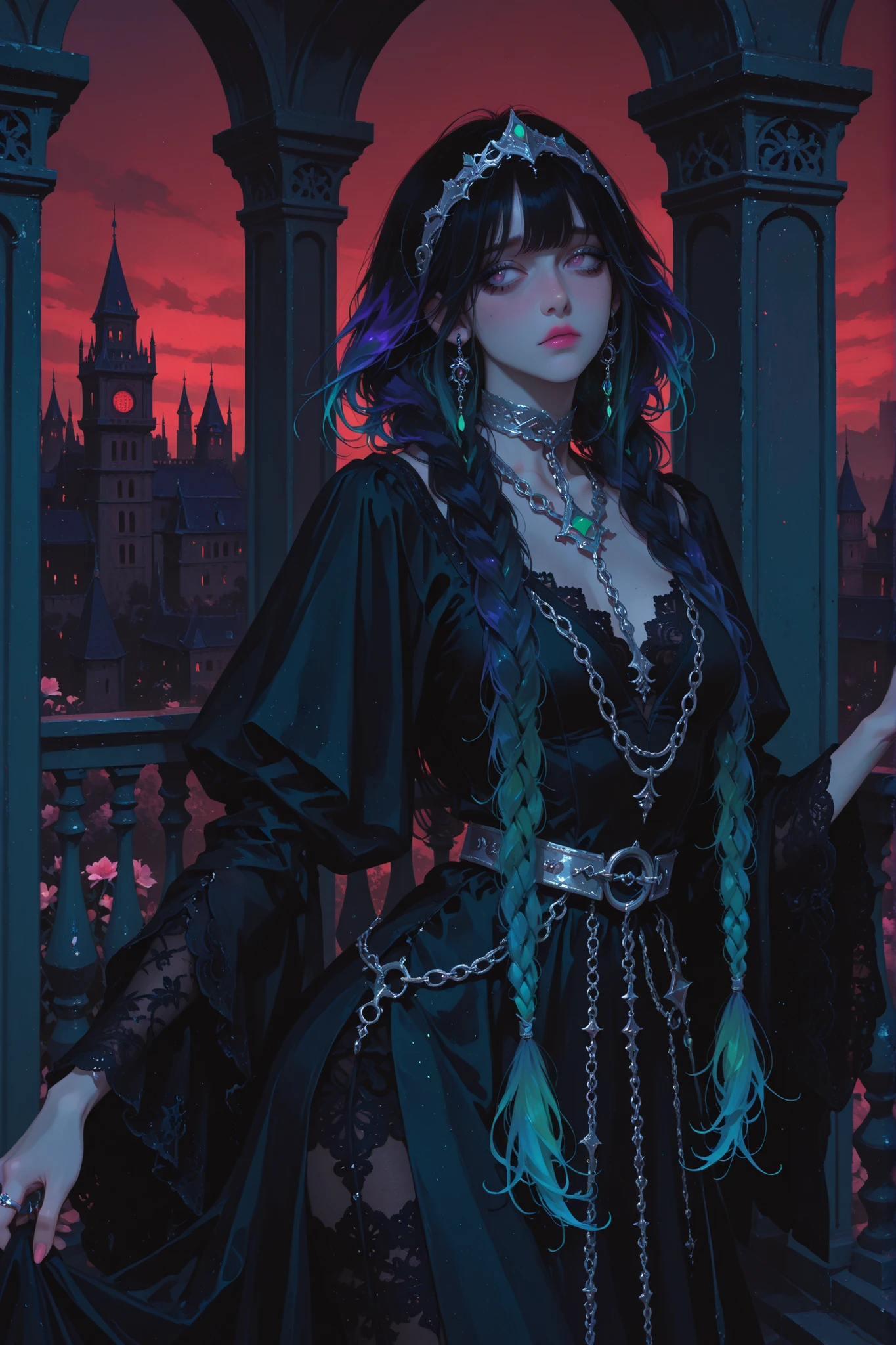 anime style, anime coloring, 8k, HDR, extremely detailed face and eyes, beautiful face and eyes, solo, beautiful, cool, masterpiece, top quality, great quality, dynamic pose, background, highres, matte colouring, flat colouring, matte skin, 1girl, young woman, dynamic hair, dynamic clothes, multicoloured hair, gradient hair, twin braids, long braids, bangs, rings in braids, black_hair_roots, iridescent hair, dark_blue highlights, azure highlights, indigo highlights, teal highlights, neon_blue highlights, emerald highlights, purple_blue highlights, neon_green eyes, sharp dark_blue eyeliner, pink lipstick, medieval dress, fantasy dress, dark_blue dress, black lace, wide sleeves, silver jewellery, elegant metal headband, long earrings, silver chain choker, layered_necklaces, silver decorative belt on hips, long sleeves, wide sleeves, lace, velvet, black mesh, designer dress, maxi dress, sheer fabric, intricate patterns, sad face expression, gothic castle balcony, night, outside, nightlight, gothic tower, red sky, flowers on balcony, cool lighting, side angle, dancing, turning around, braids sway, flowing fabric, flowing hair, wind