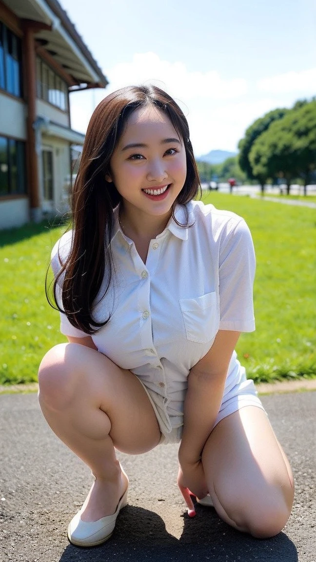 Hwa Eun Sun, 8K, young cute beautiful curvy filipina girl, 85mm,Official AR RAW photo, baby face、show me your ears、photo shoot, baby face, cute face, thicc thighs, looking at the viewer, embarrassing、smile、no makeup, film grain, chromatic aberration, sharp focus, face light, clear lighting, Ten generations, detailed face, background bokeh、((((((18 year old cute girl)))))), clothes with short sleeves, seductive dress