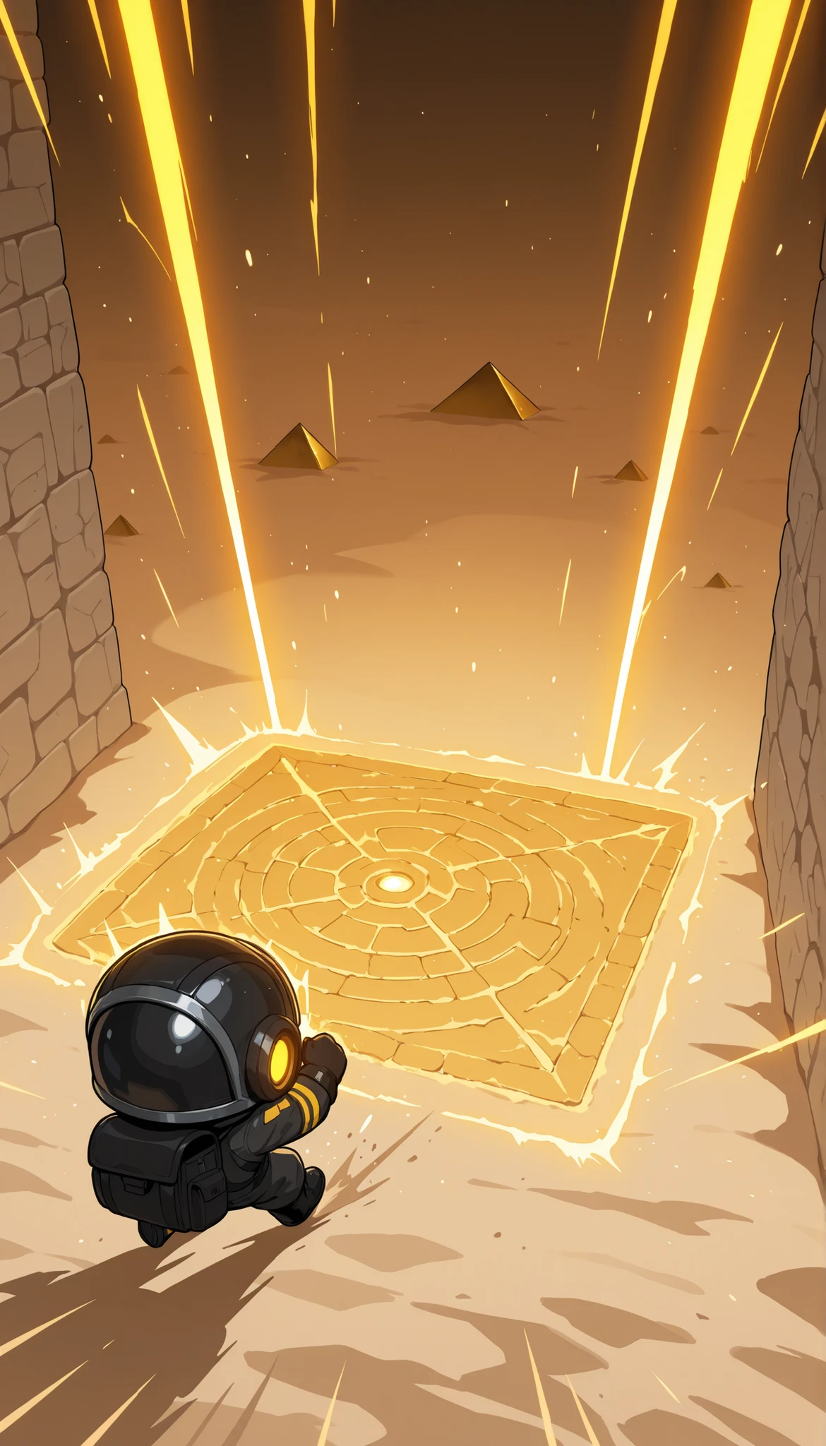 [The Radioman], (masterpiece, best quality:1.2), soft shading, sharp detail, solo, chibi style, 1boy, ,behind, back helmet,  wearing explorer_outfit, explore, backpack, glove, boots, BREAK. 
(running through an ancient pyramid, torches flickering,
sand falling, stone walls shifting, glowing symbols on the sides,
fast escape pose, dust trails, warm gold lighting,
tense maze atmosphere, simple background,)