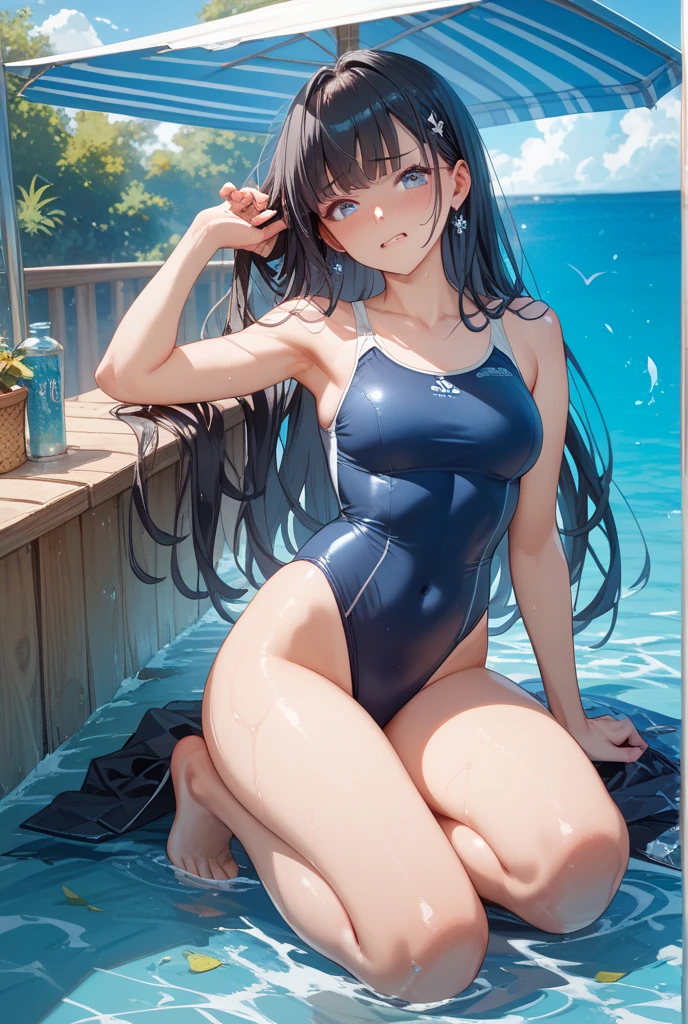 highest quality、one girl、gray hair、medium long hair、Inner curl、blue eyes、small face、laughter、White competitive swimsuit:1.3、:1.5、narrow、Dressing up to bite:1.7、beautiful feet、bright lighting、by the pool、There are no people、background blur