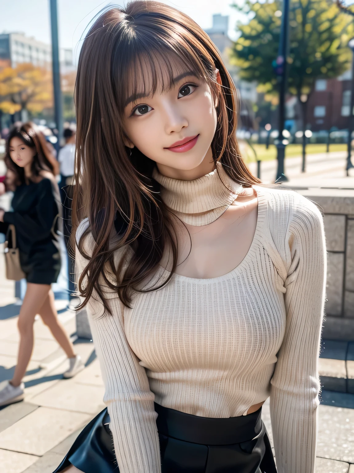 18 years old girls，Perfect face and，cute clothing，slim and slender physique。The skin has detailed and highly detailed eyes（1.1 emphasis），Very detailed skin texture（1.1 emphasiodel photo style，realisticlying，skin texture is real human skin texture，Detailed Skin Pore，Complicated details，The eyes are very detailed，kneesup，Attractive and sexy chibi，smile，，Eat parfait at a café，sitted，Dark blue knit sweater，black long pants，coffeehouse，tit， of breast，full bodyesbian，Full-body photography，Full body photography，Full body like，Slim waistline， Tempting,  slutty, (())， (Realistic, photograph realistic:1.37), Cinematic light