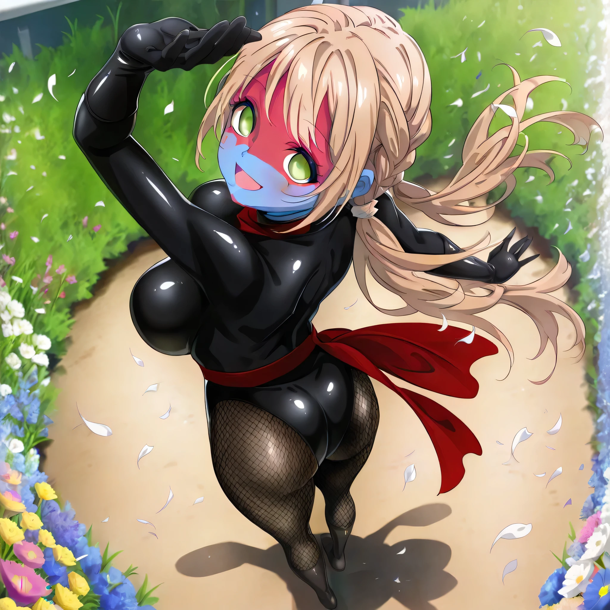 (((Masterpiece))), (((Best Quality))), ((Super Detail)), ultra-High resolution, score_9,score_8_up,score_7_up,score_6_up,score_5_up,score_4_up, BREAK, source_anime, anime screencap, uncensored, Masterpiece, (best shadow), (absurdres), (detailed background), (very aesthetic), detailed beautiful eyes, outstanding, an exquisite animation illustration, curvy, highres, shiny clothing, dark persona, empty eyes, blank eyes, shocker, black leotard, latex elbow gloves, brown fishnet pantyhose, red skin, blue skin, colored skin, red sash, makeup, (((solo, 1girl))), hair ornament, pose, submissive pose, anime style, anime coloring, animification, megami magazine, pose, dynamic angle, cinematic angle, dutch angle, dynamic composition, medium , asaka_mari, mari eyes, mari hair, light brown hair, low twintails, , from back, , looking from back, view from back, looking from above, view from above, from above, full body, fighting, fighting stance, dynamic pose, action pose, flower field, multicolored flower, flower petals, nature, petals, wind, windy, flower, smile, happy, cute pose, cute smile, cute, open mouth. side , standing, dancing, palms up,