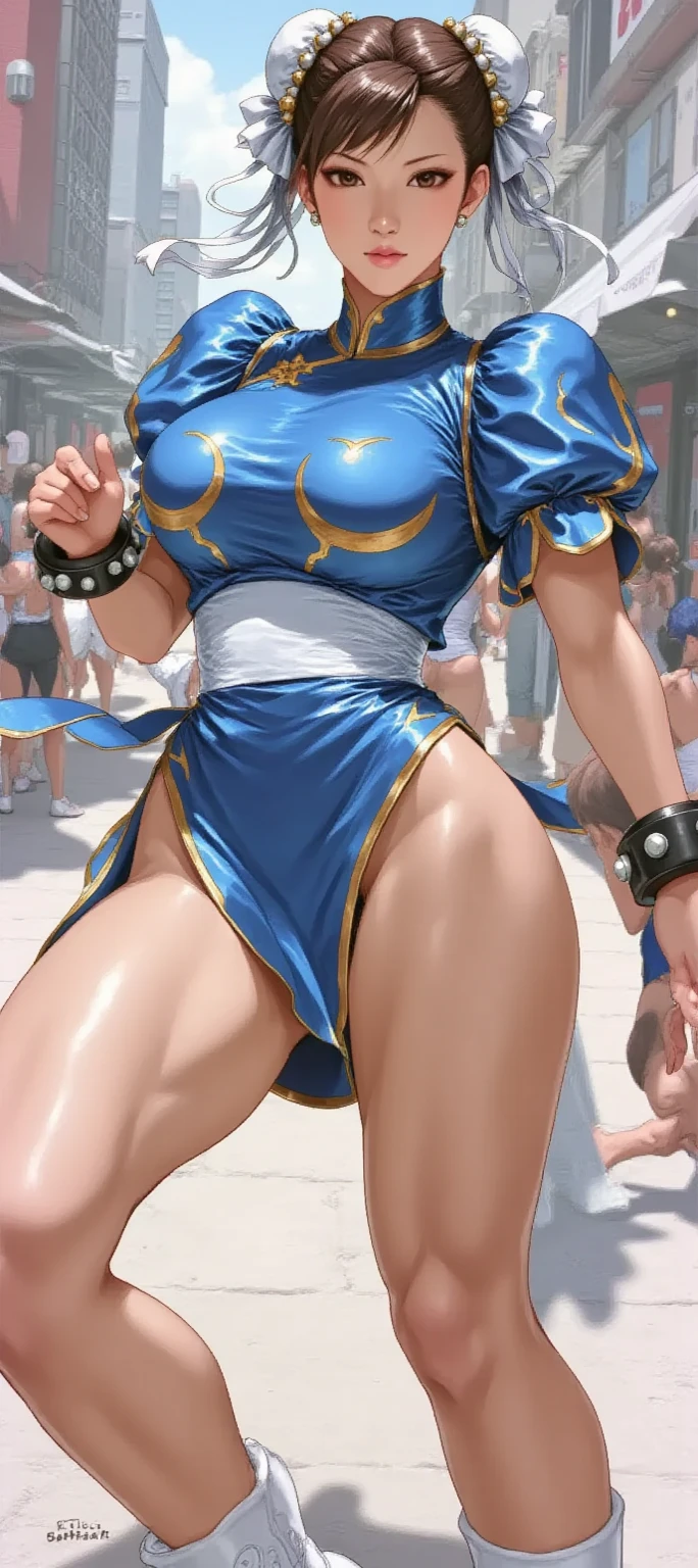 score_9, score_8_above, score_7_above, source_anime, 1 , Alone,  Chun-li,  Lifting the leg, ,  thick thighs , open air, warm, is, sweaty, Sweat drips , dripping sweat, vapor,  wet, musk,  smiling,  brown hair ,  
body proportions, (Chapped lips:1.4), (blush de nariz:1.2), foreshortening, black cuts, (eye contact), High contrast, ultra high resolution, high resolution, detailed, Clean face,  (  face :1.5), (big purple eyes:1.2), ( ultra detailed eyes:1.4), ( high resolution eyes :1.1), ( ultra detailed skin texture :1.4), PERSEPHONE, Persephone, Persephone, (SFW:1.5),  (full body:1.8), (upper body up:0.3), (hyper realistic:1.4), (realistic:1.3), (best quality real texture skin), Detailed eyes, detailed face,  , Muscular, ((tan Muscular))