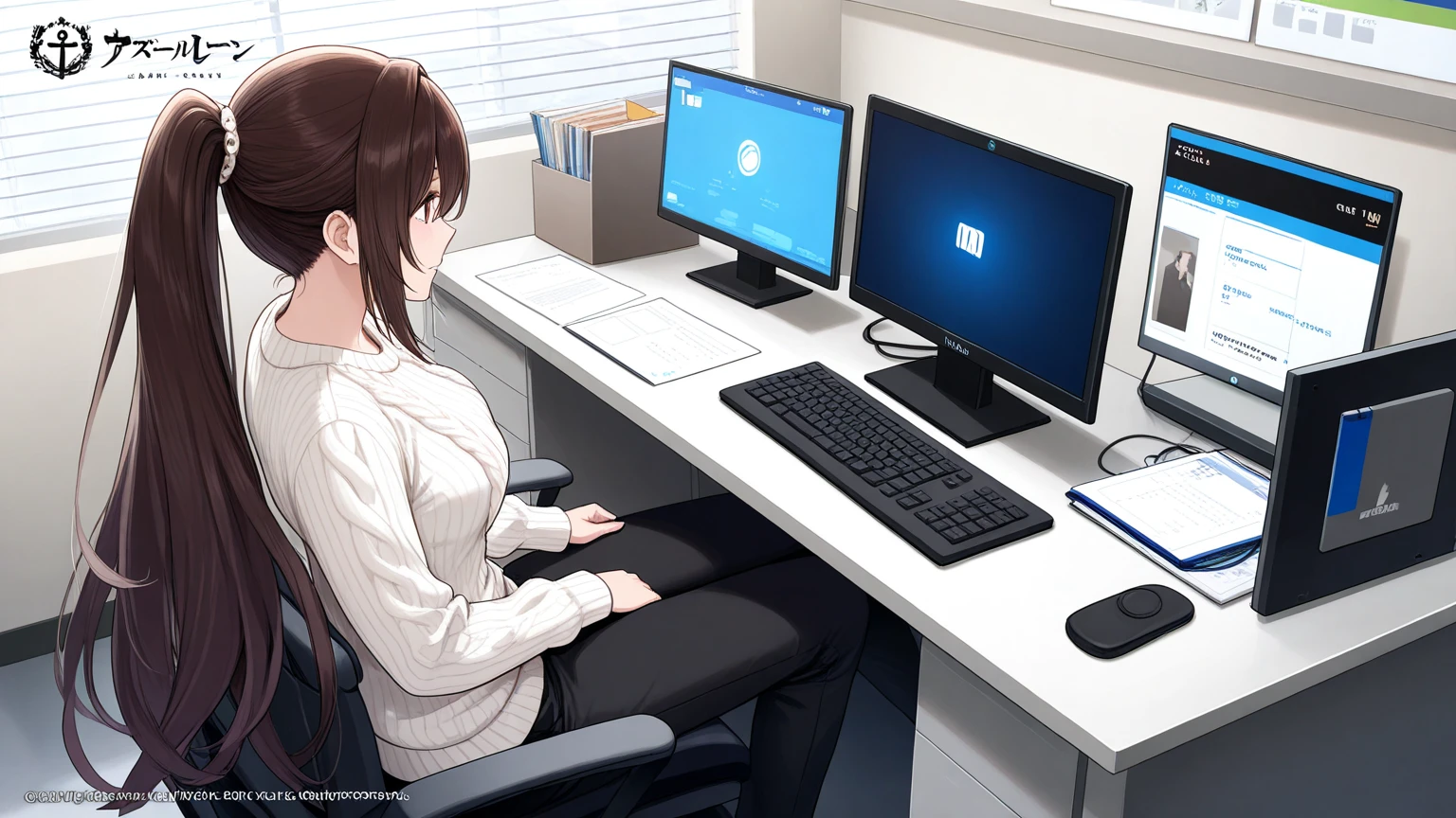 Office lady working on a computer at her office desk、1girl in,  serious