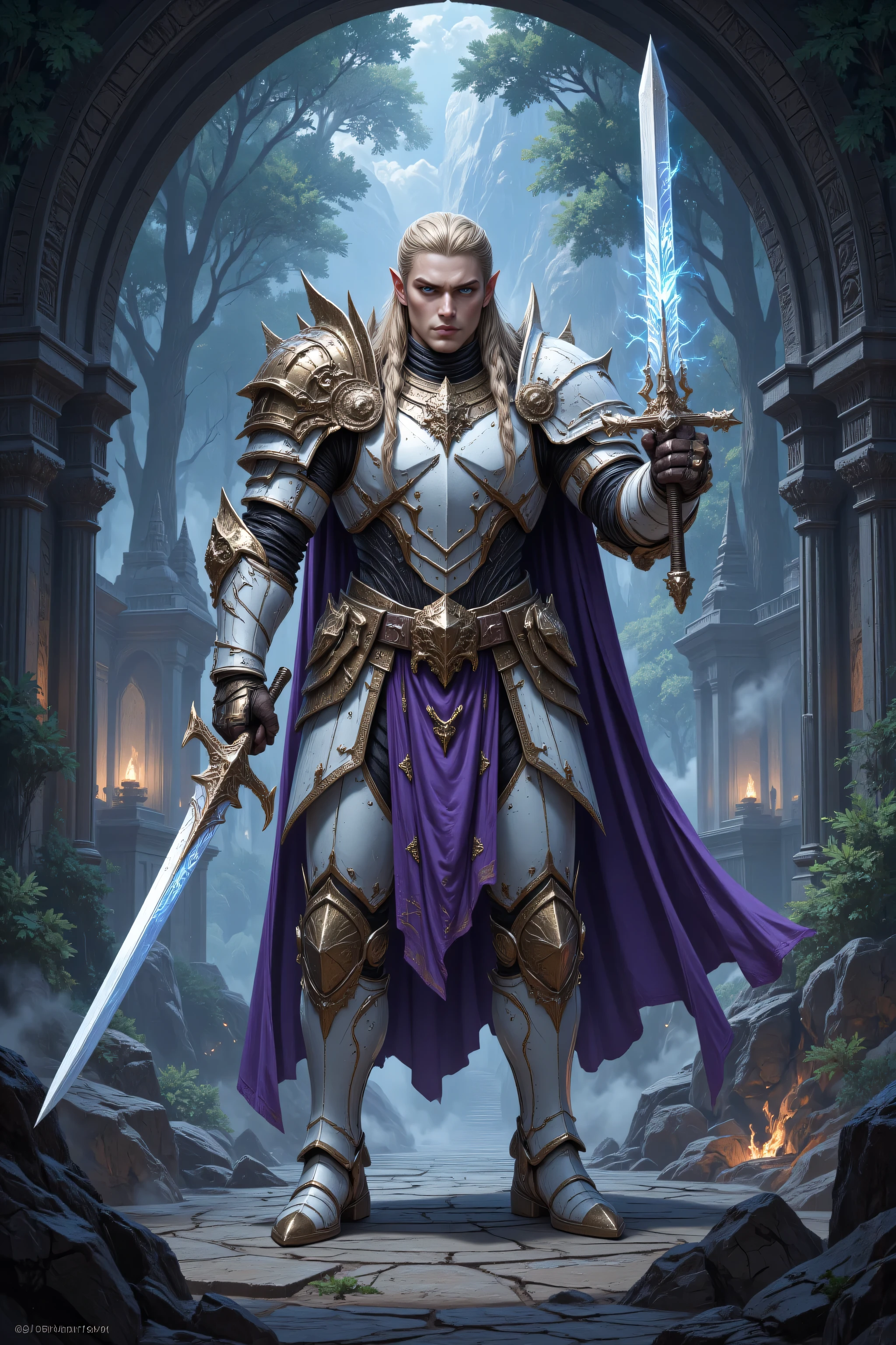 aidmamjv7,realistic cartoon,a picture of male elf paladin of the crown protecting the palace, 1male elf, holy knight, protector of the crown, full body  blond hair, long hair,  full body , ultra detailed face ,  braided hair, blue eyes, intense eyes, wearying heavy armor,  white armor, purple cloak, flowing cloak, armed with an long sword , glowing sword, glowing runes on sword,   fantasy palace background, D&D art, RPG art, magical atmosphere magic-fantasy-forest, ultra best realistic, best details, best quality, 16k, [ultra detailed], masterpiece, best quality, (extremely detailed), ultra wide shot, photorealism, depth of field, hyper realistic painting,