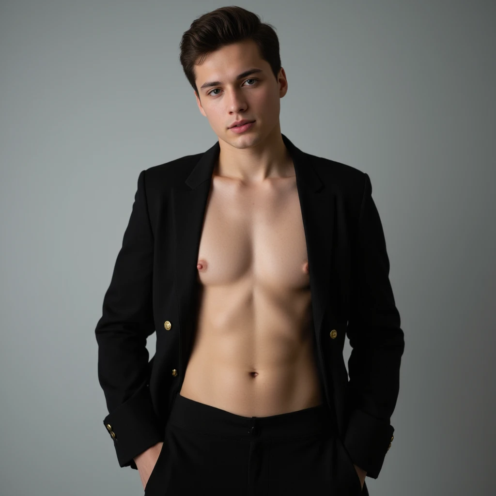 <lora:Dragosh_Moldovan_GV:1> 1 boy, lovely light brown eyes, short brown hair, handsome, college student, Masterpiece, photo-realistic, Crystal clear, highly detailed, college man, exotic dancer on stage wearing no shirt, skimpy silver string bikini thongs, dancing with a huge spotlight on him. ((((large hard perky nipples)))) (dynamic motion) <lora:muscle_slider_v1:-2>