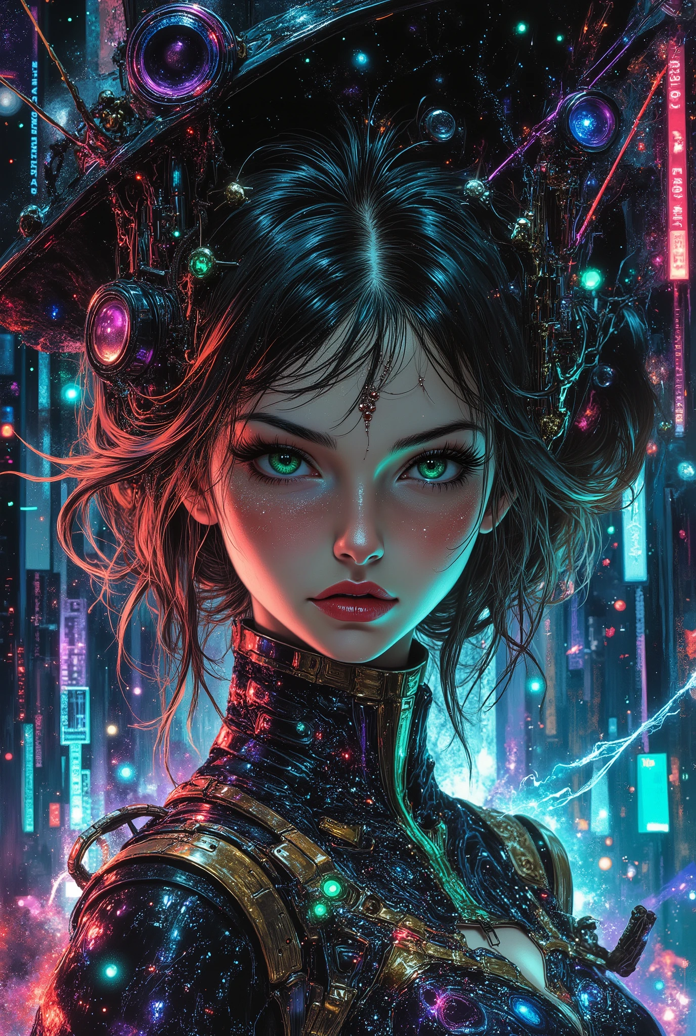 (masterpiece: 1.2, EXCEPTIONAL QUALITY, mirror image, cinematic effect, photorealistic: 2.0, raw photos: 2.0, Super detail),8K,desktop wallpaper, (Representation of drawings using holograms: 2.0), (Beautiful woman: 2.0),female streamer surrounded by a huge, dynamic stream of glowing chat messages and digital text, The stream of chat messages or text messages is visualized using pixel fragments and holographic effects, translucent suit with floating binary patterns, cybergotic dress, framed by lines of light, lines and particles of light, reminiscent of the flow of data and conversation, a fantastic space where the boundary between reality and the digital world is blurred, bright colors, decorations, illuminated by digital glitches and lighting effects, (Cyborg woman: 2.0), (Drawing front view: 2.0), (Avant-garde design: 2.0), (Detailed drawings: 2.0), (numerous notes on settings: 2.0), (beautiful face, perfect skin, beautiful green transparent eyes, long eyelashes, dark expressive eyebrows, plump berry lips, beautiful white eyes)