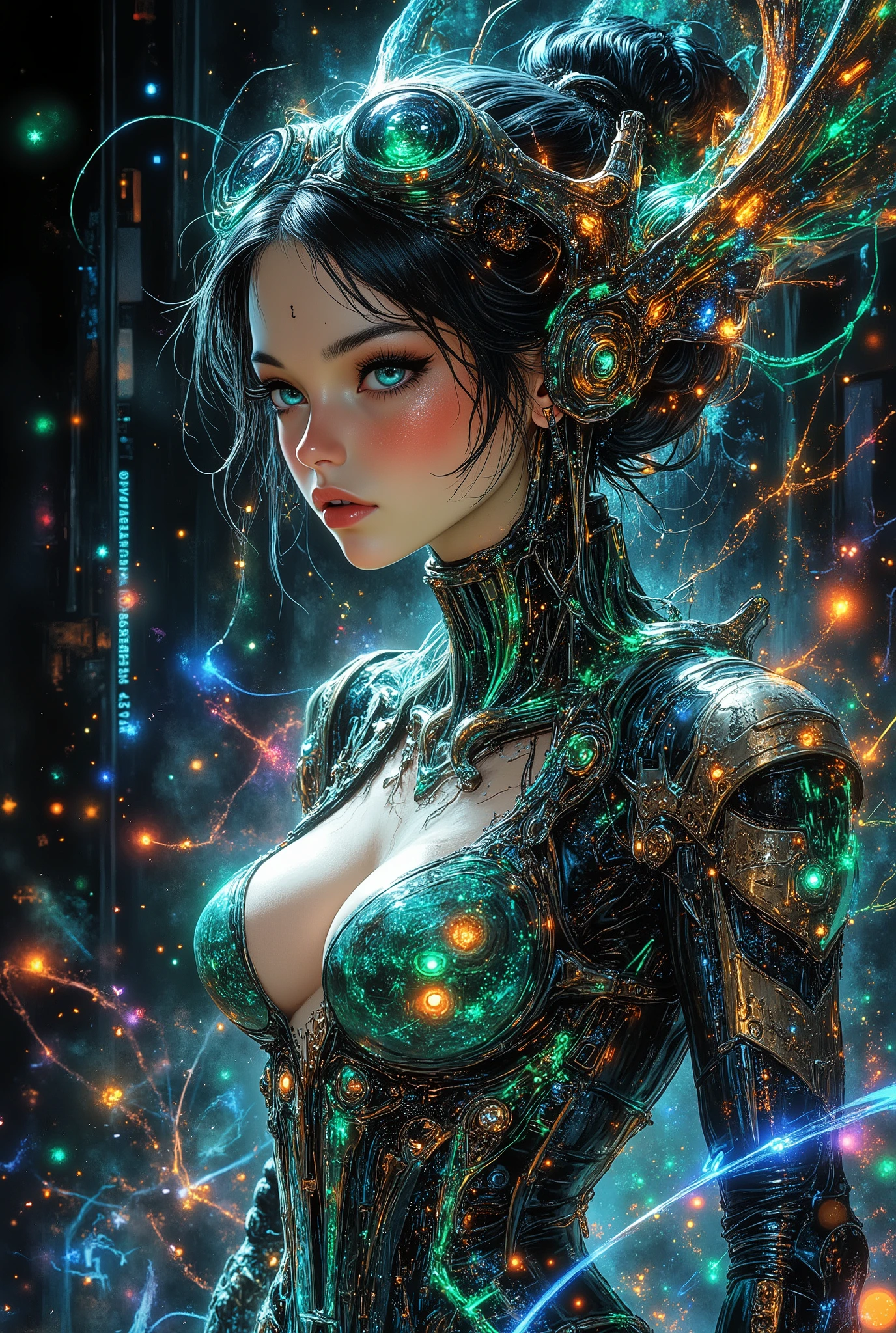 (masterpiece: 1.2, EXCEPTIONAL QUALITY, mirror image, cinematic effect, photorealistic: 2.0, raw photos: 2.0, Super detail),8K,desktop wallpaper, (Representation of drawings using holograms: 2.0), (Beautiful woman: 2.0),female streamer surrounded by a huge, dynamic stream of glowing chat messages and digital text, The stream of chat messages or text messages is visualized using pixel fragments and holographic effects, translucent suit with floating binary patterns, cybergotic dress, framed by lines of light, lines and particles of light, reminiscent of the flow of data and conversation, a fantastic space where the boundary between reality and the digital world is blurred, bright colors, decorations, illuminated by digital glitches and lighting effects, (Cyborg woman: 2.0), (Drawing front view: 2.0), (Avant-garde design: 2.0), (Detailed drawings: 2.0), (numerous notes on settings: 2.0), (beautiful face, perfect skin, beautiful green transparent eyes, long eyelashes, dark expressive eyebrows, plump berry lips, beautiful white eyes)