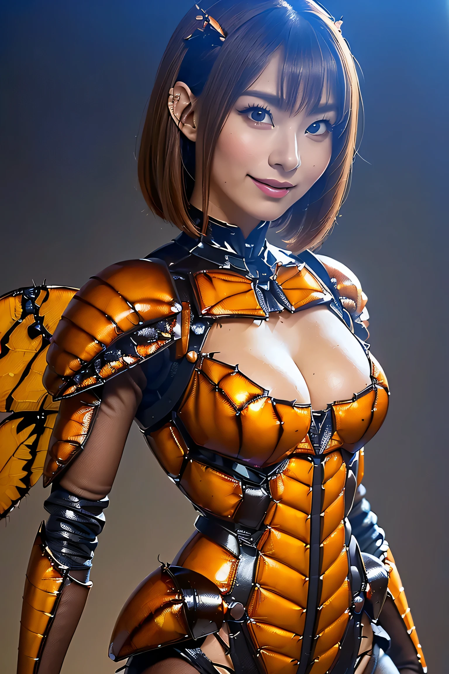 (high resolution,masterpiece,best quality,extremely detailed CG, anime, official art:1.4), realistic, photo, amazing fine details, all intricate, gloss and shiny,awesome many layers, 8k wall paper, 3d, sketch, kawaii, illustration,( solo:1.4), perfect female proportion,villainess, (fusion of dark brown cockroach and lady:1.4), (brown cockroach form lady:1.2), (brown cockroach lady:1.2), (fusion:1.2), (solo:1.4), (evil smile:1.2), muscular, abs, (cockroach brown exoskeleton bio insect suit:1.4), (cockroach brown exoskeleton bio insect armor:1.2), (brown transparency cockroach wing:1.4), (brown cockroach antennae:1.3),