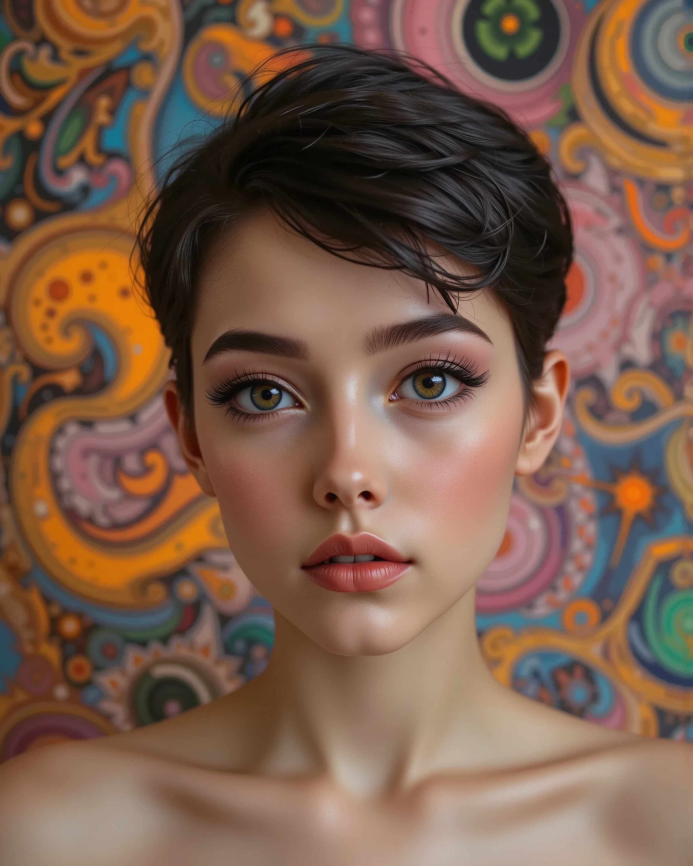 realistic (photorealistic Realism) , (Key Directive: - "The priority is the anatomical accuracy and texture of the materials" - "Ultra-sharp human eyes with biological accuracy") (ultra realistic texture details: velvety skin, hair), (dark hair (short hair:1.21)((slicked to one side)), intricately detailed:1.3),  long Lashes: individual synthetic fibers (crosshatched roots:1 . 2 , clump-free separation), (Carefully draw Long mascara:1.22) [perfect dark eyeshadow:1.2][glossy red lipstick:1.3], professional Magic Makeup on eyes:1.3, perfect composition. Eyes (acid-resistant terminology) (macro-details:1.5): * Moist corneal surface (visible aqueous layer:1.2) * Hyper-detailed iris eyes (green with orange sparkles) * Precise limbal ring (slightly darker pigmentation:1.3) * Pupil micro-texture (irregular edge authenticity:0.9) * Vasculature in sclera (subtle blue veins radiating from limbus) | Technical Specs: Optics: - Zeiss Otus85mm f/1 . 4 lens "(eye refraction calculations:1 . 22)" - Shutter Speed:1/500 "(freeze eye micro-movements)" - (Focus Stacking:"7-point coverage on iris plane") (Avoid: "pupil distortion , uncanny valley asymmetry , plastic-like wetness"). ((body shot to knees:1.4)), no blur sharp focus on all body, (flat chest, very small breasts), (skinny body build), (Sleeveless, beautiful ribbon PVC: 1.33), ((Slingshot swimsuit:1.3)), (wear Micro Sling made of (Sparkly neon), Tight PVC Ribbon: 1.25), {psychedelic background,voronoi backround}.