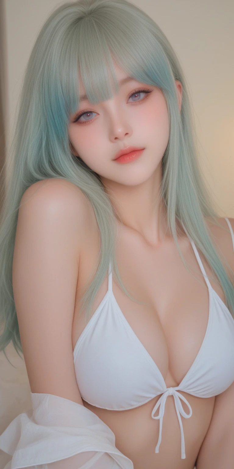 highest quality、8K masterpiece、超A high resolution、(Realistic:1.3)、RAW Photos、1 girl、Silver Hair、Glowing Skin、Strapless bra and lace shorts、((Ultra-Realistic Details))、Portraiture、Global Illumination、Shadow、Octane Rendering、8k、Ultra Sharp、、、Metal、Cool colors、、Very intricate detail、Realistic Light、CGSoation Trend Beautiful Eyes、Eyes shining at the camera、Neon Details、12-year-old girl、Sparkling turquoise eyes、、Became a slime、Flat body、choker