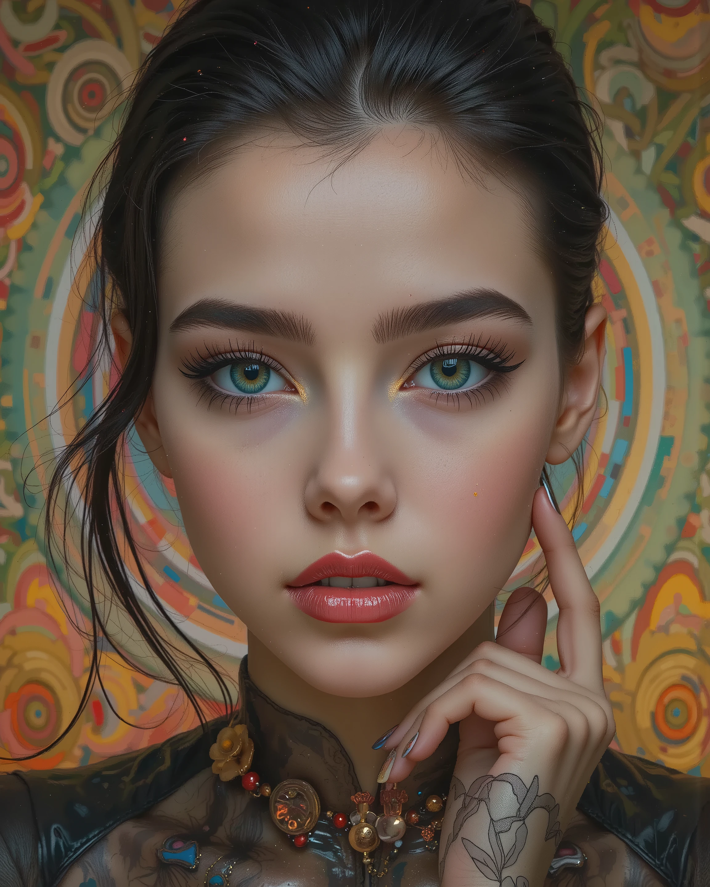 realistic (photorealistic Realism) , (Key Directive: - "The priority is the anatomical accuracy and texture of the materials" - "Ultra-sharp human eyes with biological accuracy") (ultra realistic texture details: velvety skin, hair), (dark hair (short hair:1.21)((slicked to one side)), intricately detailed:1.3),  long Lashes: individual synthetic fibers (crosshatched roots:1 . 2 , clump-free separation), (Carefully draw Long mascara:1.22) [perfect dark eyeshadow:1.2][glossy red lipstick:1.3], professional Magic Makeup on eyes:1.3, perfect composition. Eyes (acid-resistant terminology) (macro-details:1.5): * Moist corneal surface (visible aqueous layer:1.2) * Hyper-detailed iris eyes (green with orange sparkles) * Precise limbal ring (slightly darker pigmentation:1.3) * Pupil micro-texture (irregular edge authenticity:0.9) * Vasculature in sclera (subtle blue veins radiating from limbus) | Technical Specs: Optics: - Zeiss Otus85mm f/1 . 4 lens "(eye refraction calculations:1 . 22)" - Shutter Speed:1/500 "(freeze eye micro-movements)" - (Focus Stacking:"7-point coverage on iris plane") (Avoid: "pupil distortion , uncanny valley asymmetry , plastic-like wetness"). ((body shot to knees:1.4)), no blur sharp focus on all body, (flat chest, very small breasts), (skinny body build), (Sleeveless, beautiful ribbon PVC: 1.33), ((Slingshot swimsuit:1.3)), (wear Micro Sling made of (Sparkly neon), Tight PVC Ribbon: 1.25), {psychedelic background,voronoi backround}.