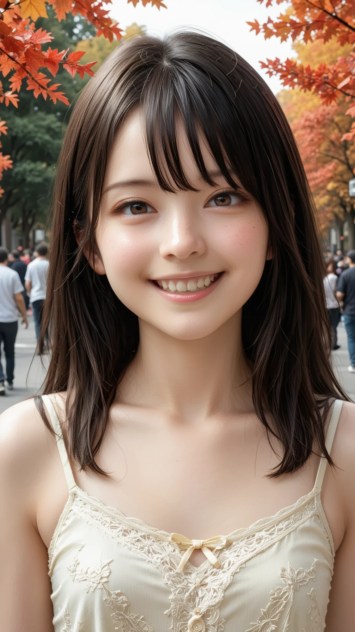 score_9, score_8_up, score_7_up, source_real, rating_safe, high resolution picture, masterpiece, best quality, amazing quality, extremely detailed, intricate details, sharp details, sharp focus, professional lighting, solo, 1girl, a young Japanese girl, cheerful grin, upper body, dark hair, pale skin, small head, small face, beautiful detailed face, flat chest, (((light yellow camisole))), front view, looking at viewer, perfect hand, perfect anatomy, outdoors, large park, in autumn, crowds, off strap,