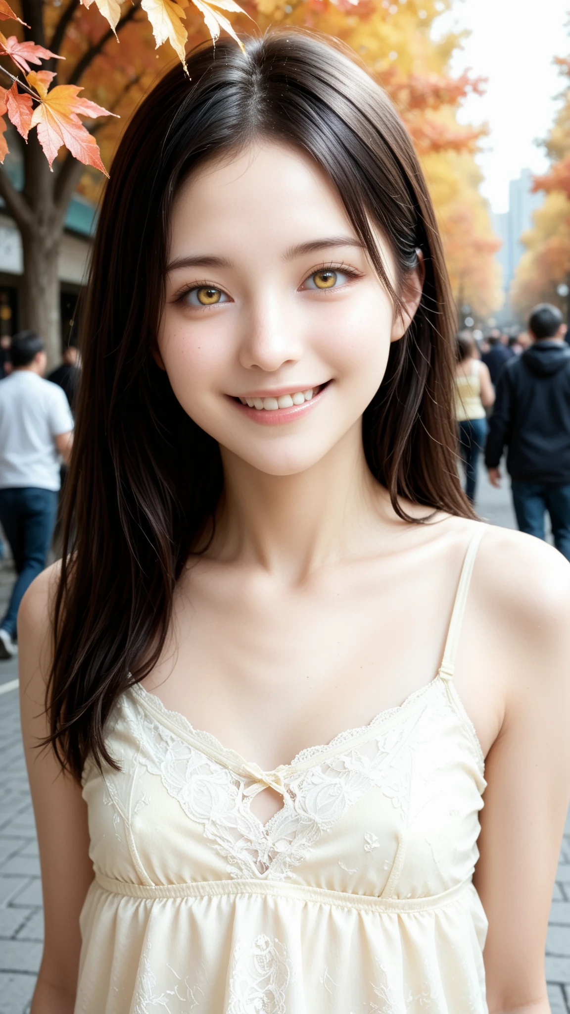 score_9, score_8_up, score_7_up, source_real, rating_safe, high resolution picture, masterpiece, best quality, amazing quality, extremely detailed, intricate details, sharp details, sharp focus, professional lighting, solo, 1girl, a young Japanese girl, cheerful grin, upper body, dark hair, pale skin, small head, small face, beautiful detailed face, flat chest, (((light yellow camisole))), front view, looking at viewer, perfect hand, perfect anatomy, outdoors, large park, in autumn, crowds, off strap,