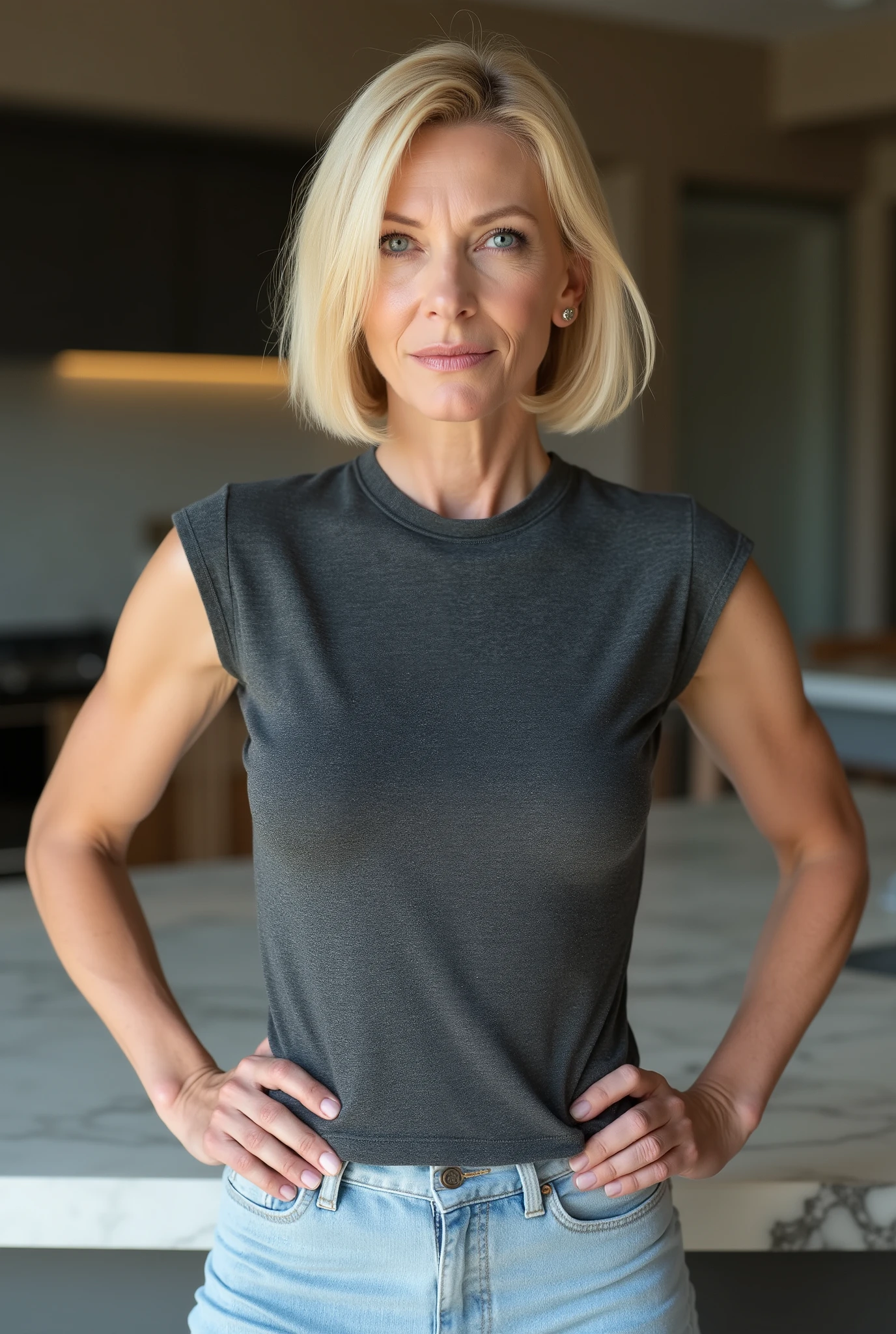 Front view portrait of a formidable 60-year-old woman with champagne blonde bob haircut and dramatic side-swept bangs, thin face with piercing ice-blue eyes drilling into the viewer, one hand firmly grabbing at waist level with authoritative grip – fingers tensed as if gripping an invisible subject, stern mouth set in a line of absolute command, natural crow's feet adding to her intimidating presence, wearing fitted dark grey cap-sleeve t-shirt revealing her straight, disciplined physique, light-washed flared jeans hanging straight on her flat hips and buttocks, standing with shoulders squared and head slightly tilted down to look at viewer with pure dominance, against luxurious marble kitchen counter, photorealistic portrait capturing her controlling gesture