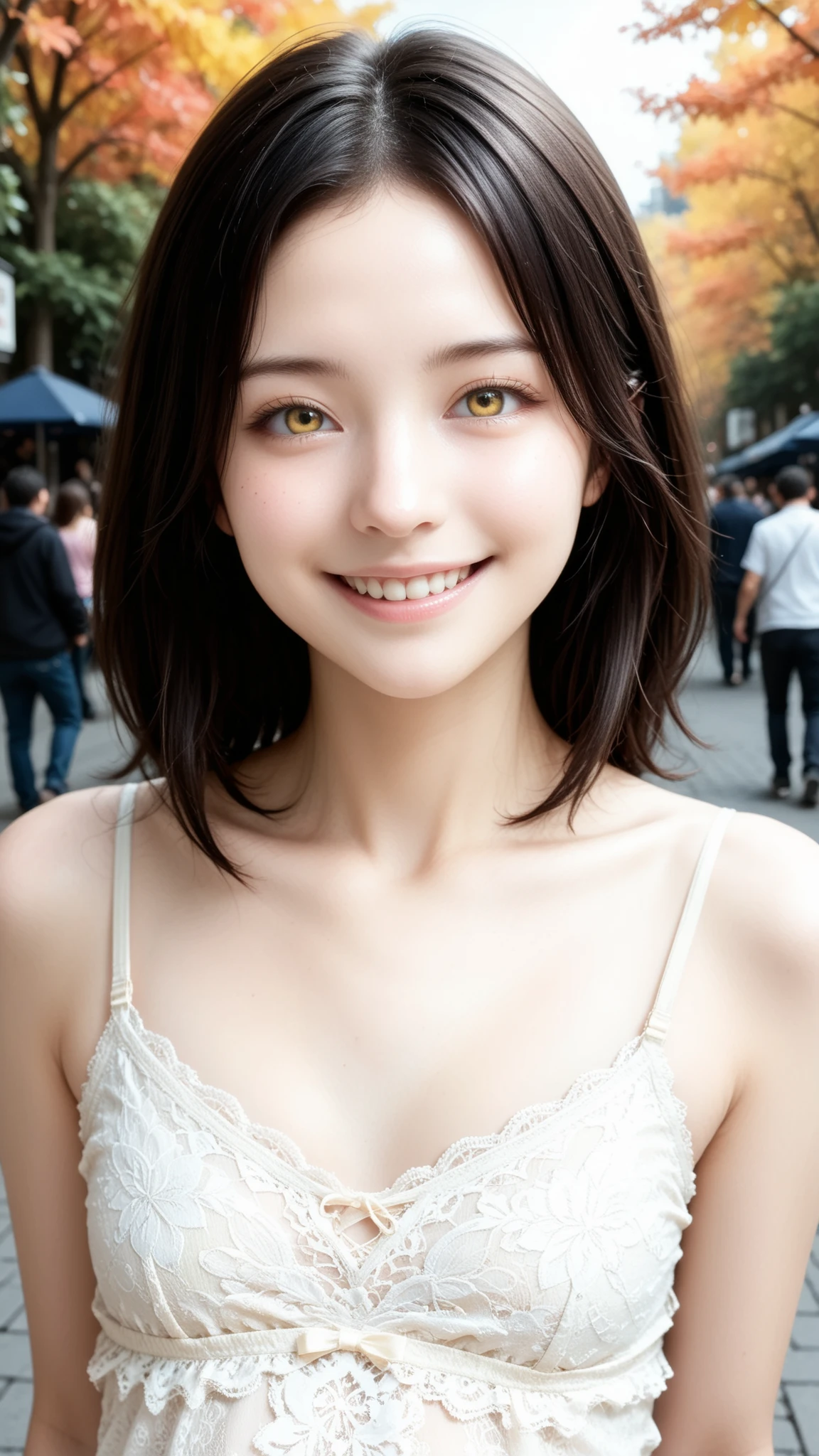 score_9, score_8_up, score_7_up, source_real, rating_safe, high resolution picture, masterpiece, best quality, amazing quality, extremely detailed, intricate details, sharp details, sharp focus, professional lighting, solo, 1girl, a young Japanese girl, cheerful grin, upper body, dark hair, pale skin, small head, small face, beautiful detailed face, flat chest, (((light yellow short lace camisole))), bare stomach, front view, looking at viewer, perfect hand, perfect anatomy, outdoors, large park, in autumn, crowds, off strap,