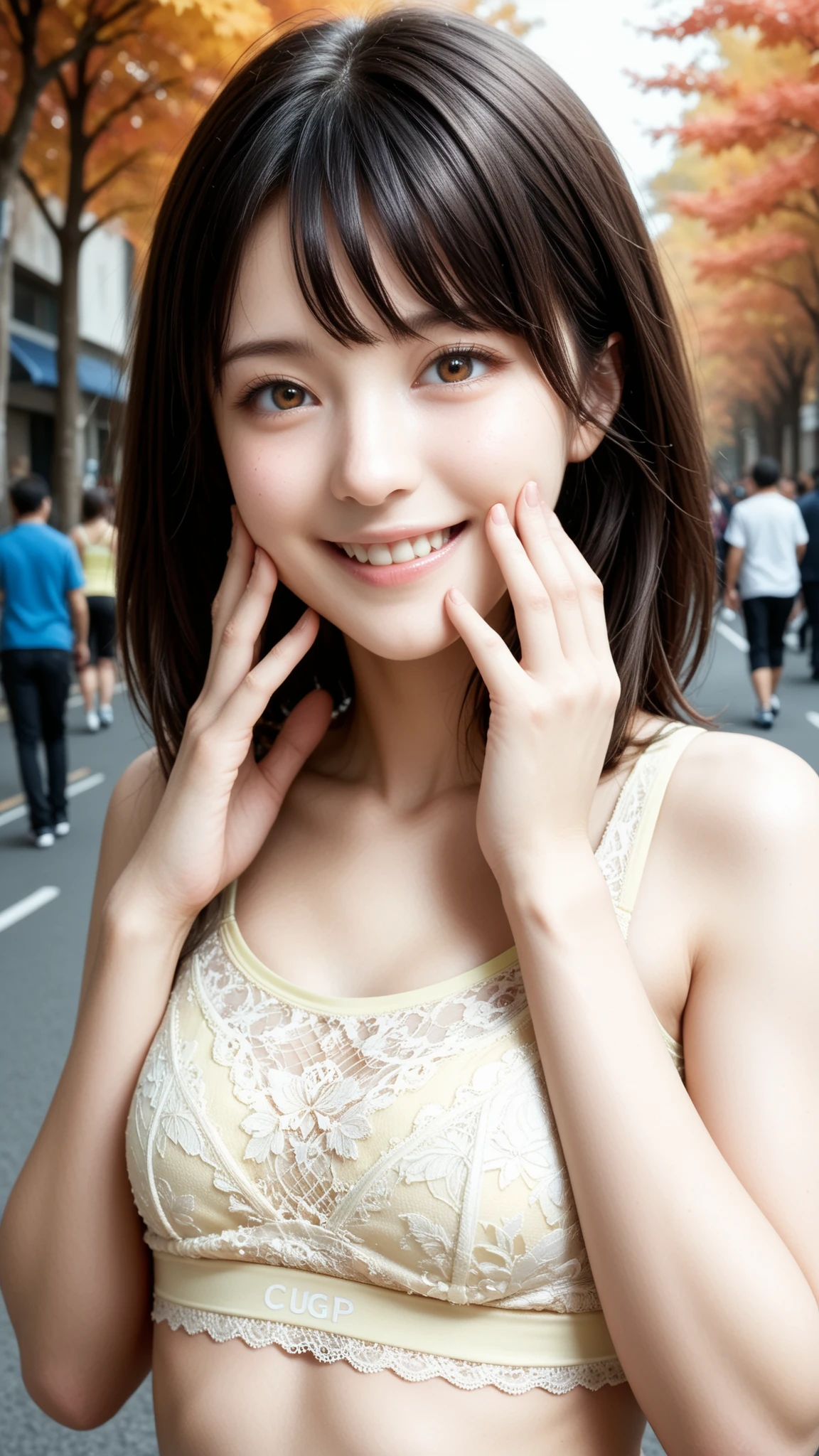 score_9, score_8_up, score_7_up, source_real, rating_safe, high resolution picture, masterpiece, best quality, amazing quality, extremely detailed, intricate details, sharp details, sharp focus, professional lighting, solo, 1girl, a young Japanese girl, cheerful grin, upper body, dark hair, pale skin, small head, small face, beautiful detailed face, flat chest, (((light yellow short lace sports bra))), bare stomach, front view, looking at viewer, perfect hand, perfect anatomy, outdoors, large park, in autumn, crowds, off strap, detailed brown eyes, hand inside bra, naked under body, from upper body, hands gesture on cheeks,