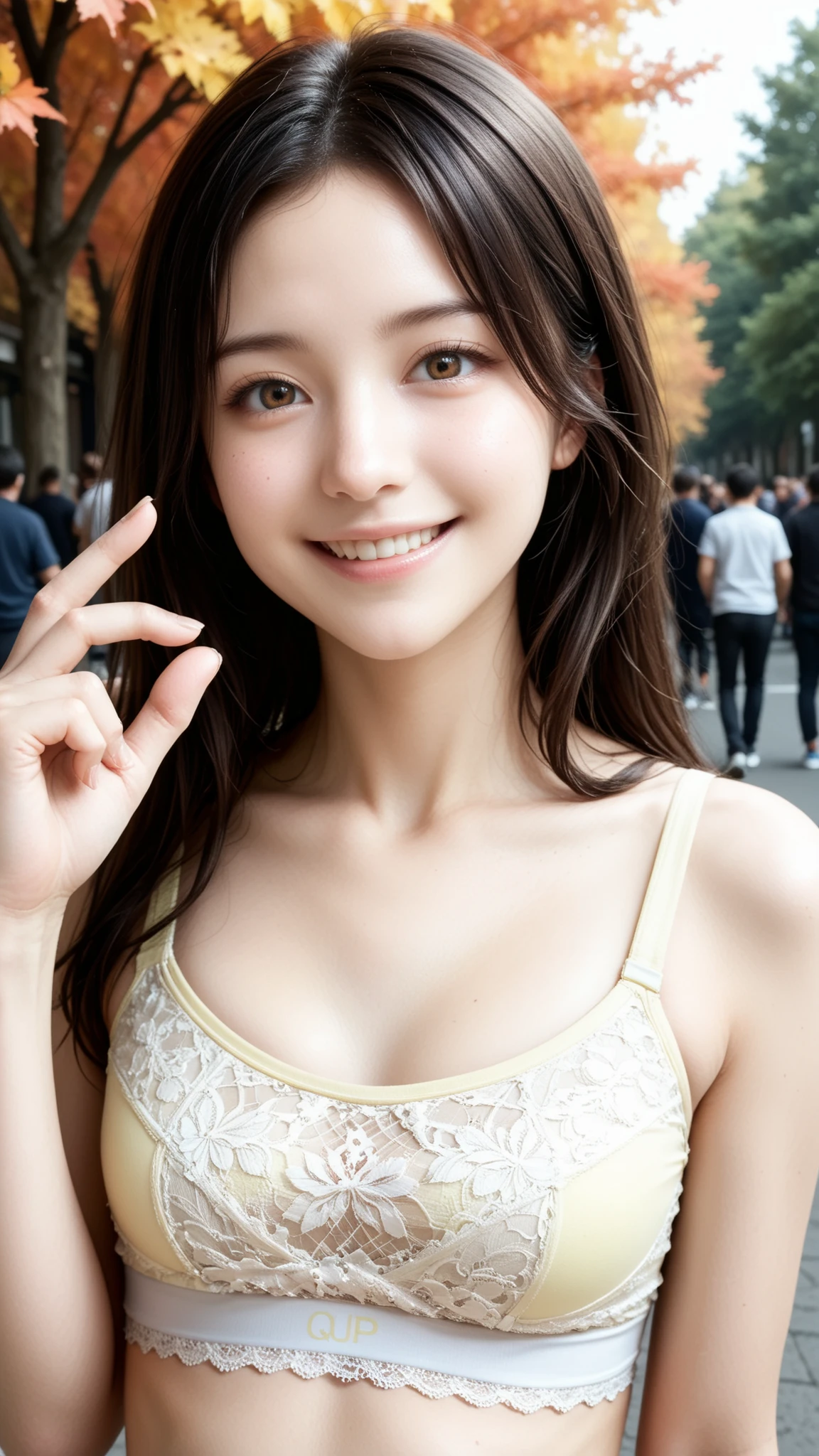 score_9, score_8_up, score_7_up, source_real, rating_safe, high resolution picture, masterpiece, best quality, amazing quality, extremely detailed, intricate details, sharp details, sharp focus, professional lighting, solo, 1girl, a young Japanese girl, cheerful grin, upper body, dark hair, pale skin, small head, small face, beautiful detailed face, flat chest, (((light yellow short lace sports bra))), bare stomach, front view, looking at viewer, perfect hand, perfect anatomy, outdoors, large park, in autumn, crowds, off strap, detailed brown eyes, hand inside bra, naked under body, from upper body, finger gesture on cheeks,