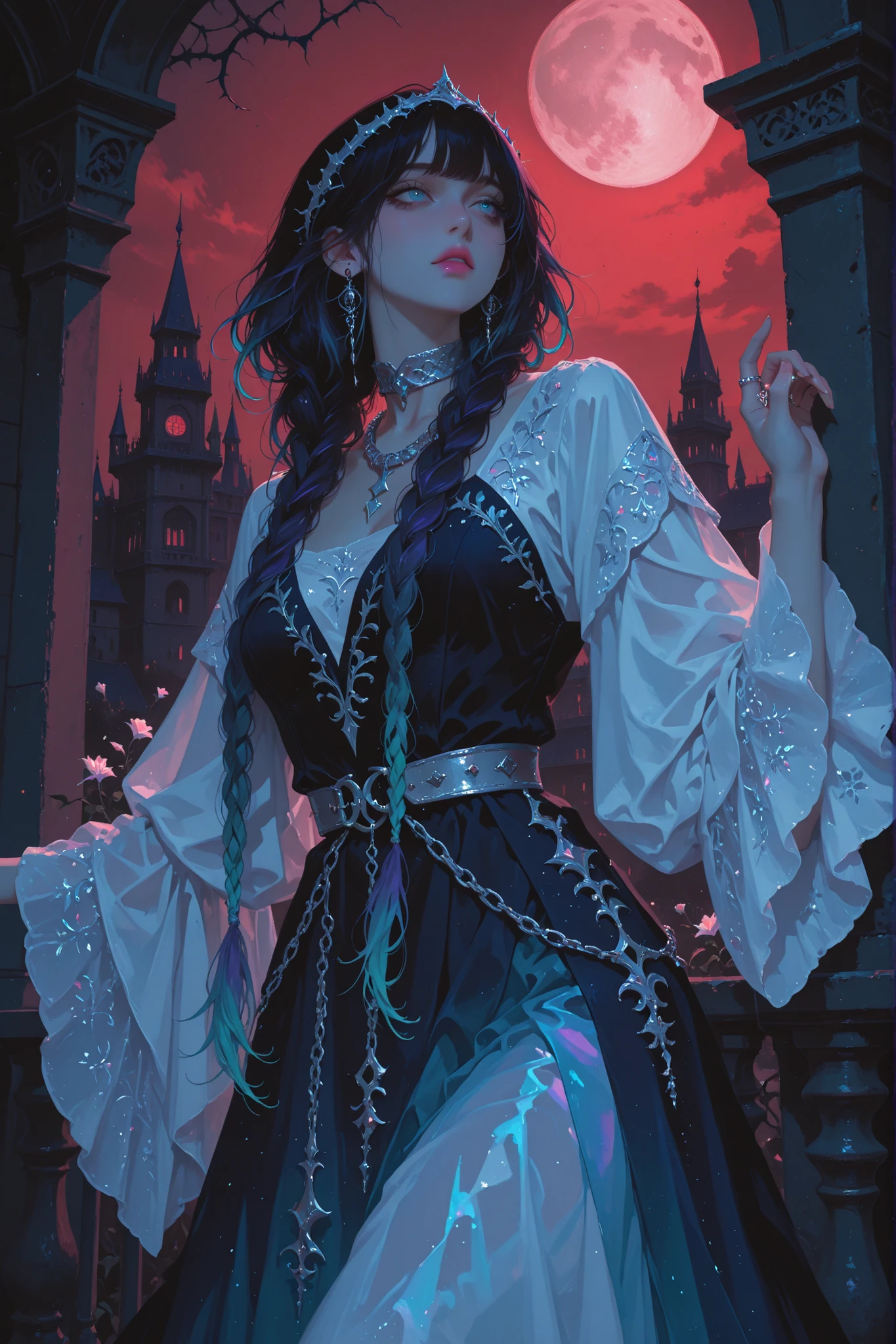 anime style, anime coloring, 8k, HDR, extremely detailed face and eyes, beautiful face and eyes, solo, beautiful, cool, masterpiece, top quality, great quality, dynamic pose, background, highres, matte colouring, flat colouring, matte skin, 1girl, young woman, dynamic hair, dynamic clothes, multicoloured hair, gradient hair, 2braids, long braids, bangs, rings in braids, braid_jewellery, black_hair_roots, iridescent hair, dark_blue highlights, indigo highlights, teal highlights, emerald highlights, purple_blue highlights, blue eyes, sharp dark_blue eyeliner, pink lipstick, medieval dress, fantasy dress, cold shoulder, iridescent dress, ethereal, dress made of dreams and nightmares, dress_lacing_in front, wide sleeves, silver jewellery, elegant metal headband, long earrings, silver chain choker, layered_necklaces, silver decorative belt on hips, long sleeves, wide sleeves, mesh, designer dress, maxi dress, sheer fabric, intricate patterns, panicked face expression, gothic castle balcony, night, outside, nightlight, gothic tower, red sky, fullmoon, flowers on balcony, cool lighting, side angle, dancing, turning around, braids sway, flowing fabric, flowing braids, wind, black thorns