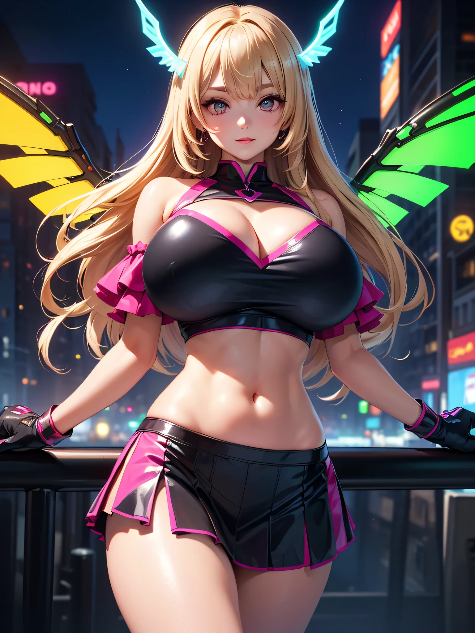 (((masterpiece))), (((Highest quality))), ((Super detailed)), (figure), ((Very delicate and beautiful)), ((Super detailed)), ((High resolution)), (((20-year-old))), meexpensiveic cloth, (Cheerleader), (Android), ((Mechanical Wings)), Delicate metal decoration, Glowing Skin, Shiny body, Two legs, ????????????, (((expensive))), Thin legs, ((Big round eyes)), Cute eyes, Droopy eyes, ((Adult)), both hands, Five Fingers, No extra hands, Elegant smile, Braiding, Medium length hair, ((meexpensiveic green)), (See-through), (Dark Blonde), (Super ???????????), (Shining brightly), Outdoor, mini skirt, city, Daytime, ((Biopunk)),