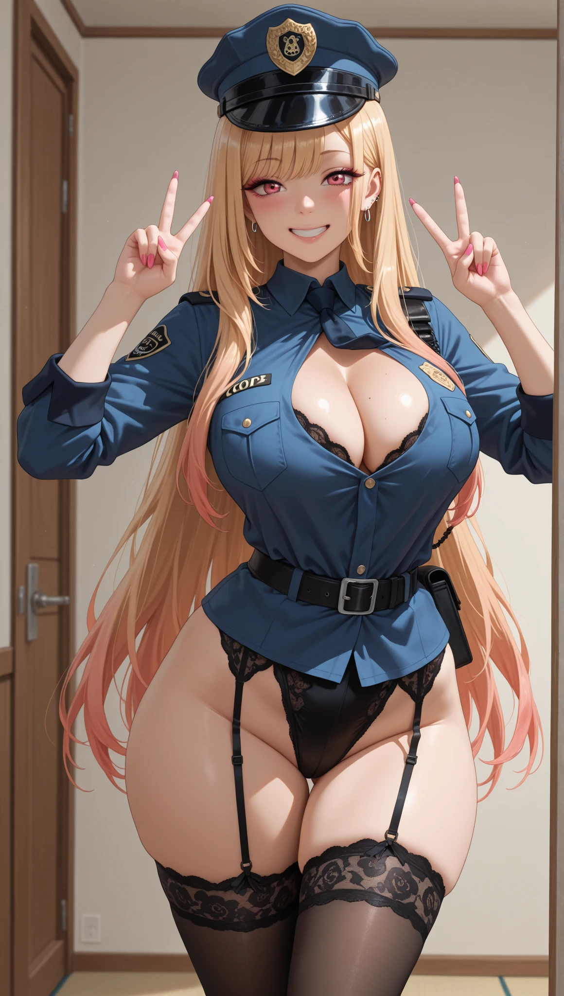 (((Skin exposed from disheveled uniform)))、((((make sexual advances))))、Nipples protruding from the bra、panties on、((((feel shy))))、((a blond))、beautiful  Girl、Large beautiful breasts、cleavage of the breast、A slender、オマンコ、(((((Seduction while being shy)))))、(((s Office)))、((smil))