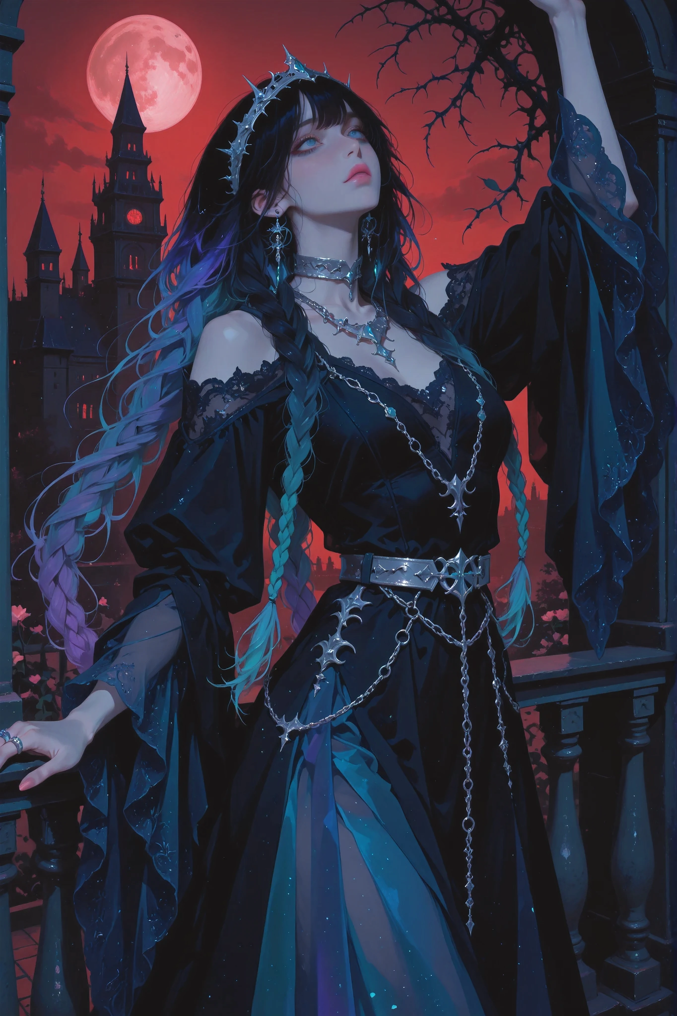 anime style, anime coloring, 8k, HDR, extremely detailed face and eyes, beautiful face and eyes, solo, beautiful, cool, masterpiece, top quality, great quality, dynamic pose, background, highres, matte colouring, flat colouring, matte skin, 1girl, young woman, dynamic hair, dynamic clothes, multicoloured hair, gradient hair, 2braids, long braids, bangs, rings in braids, braid_jewellery, black_hair_roots, iridescent hair, dark_blue highlights, indigo highlights, teal highlights, emerald highlights, purple_blue highlights, blue eyes, sharp dark_blue eyeliner, pink lipstick, medieval dress, fantasy dress, cold shoulder, iridescent dress, ethereal, dress made of dreams and nightmares, dress_lacing_in front, wide sleeves, silver jewellery, elegant metal headband, long earrings, silver chain choker, layered_necklaces, silver decorative belt on hips, long sleeves, wide sleeves, mesh, designer dress, maxi dress, sheer fabric, intricate patterns, panicked face expression, gothic castle balcony, night, outside, nightlight, gothic tower, red sky, fullmoon, flowers on balcony, cool lighting, side angle, dancing, turning around, braids sway, flowing fabric, flowing braids, wind, black thorns