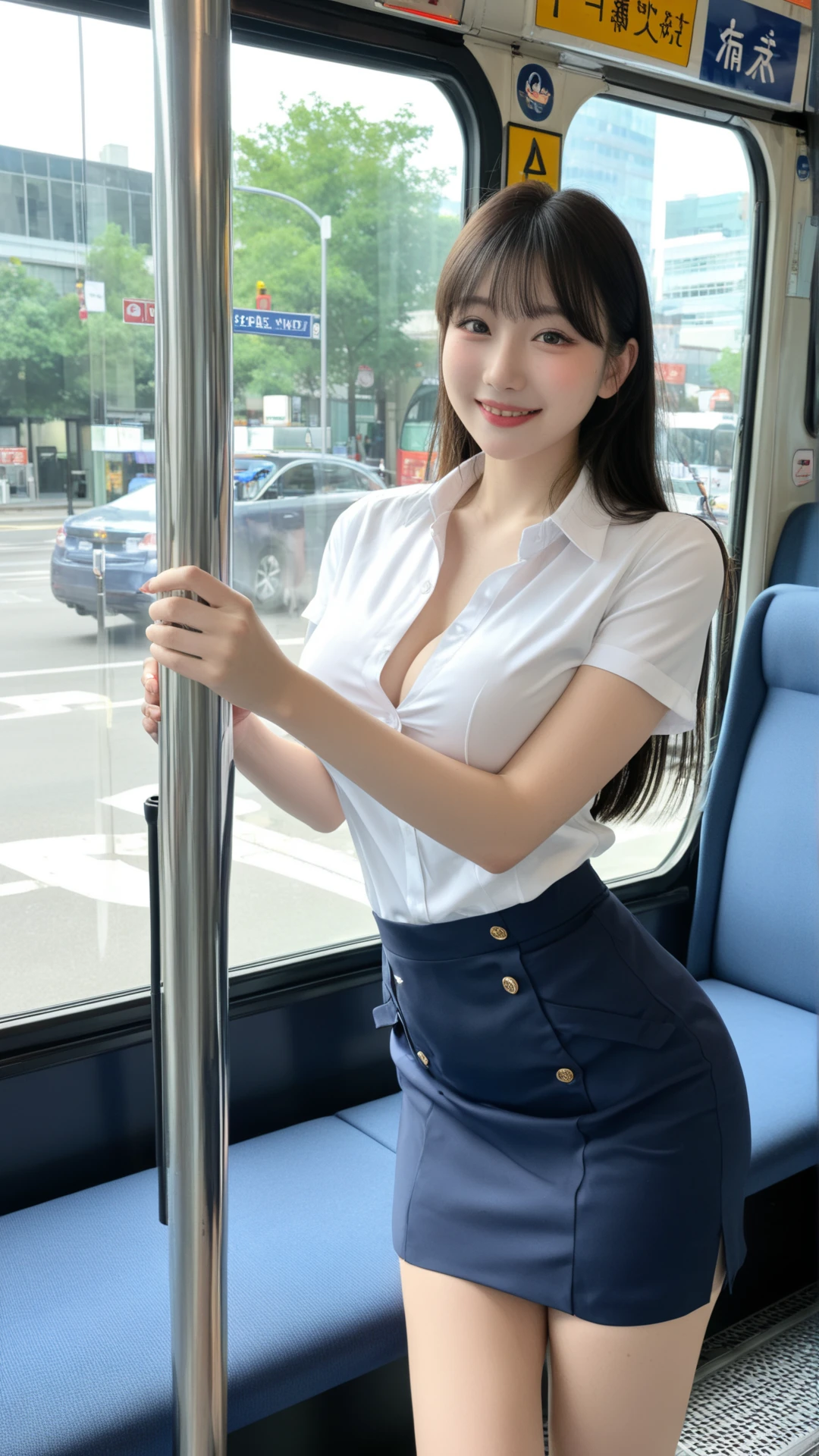 highest quality、masterpiece、high school girl、black pantyhose、She is sitting on a train chair with her  open、((Photographed from below the front))、Plump big bob hair、white shirt、pleated skirt、looking at the viewer、red face、small 、wet clothes、