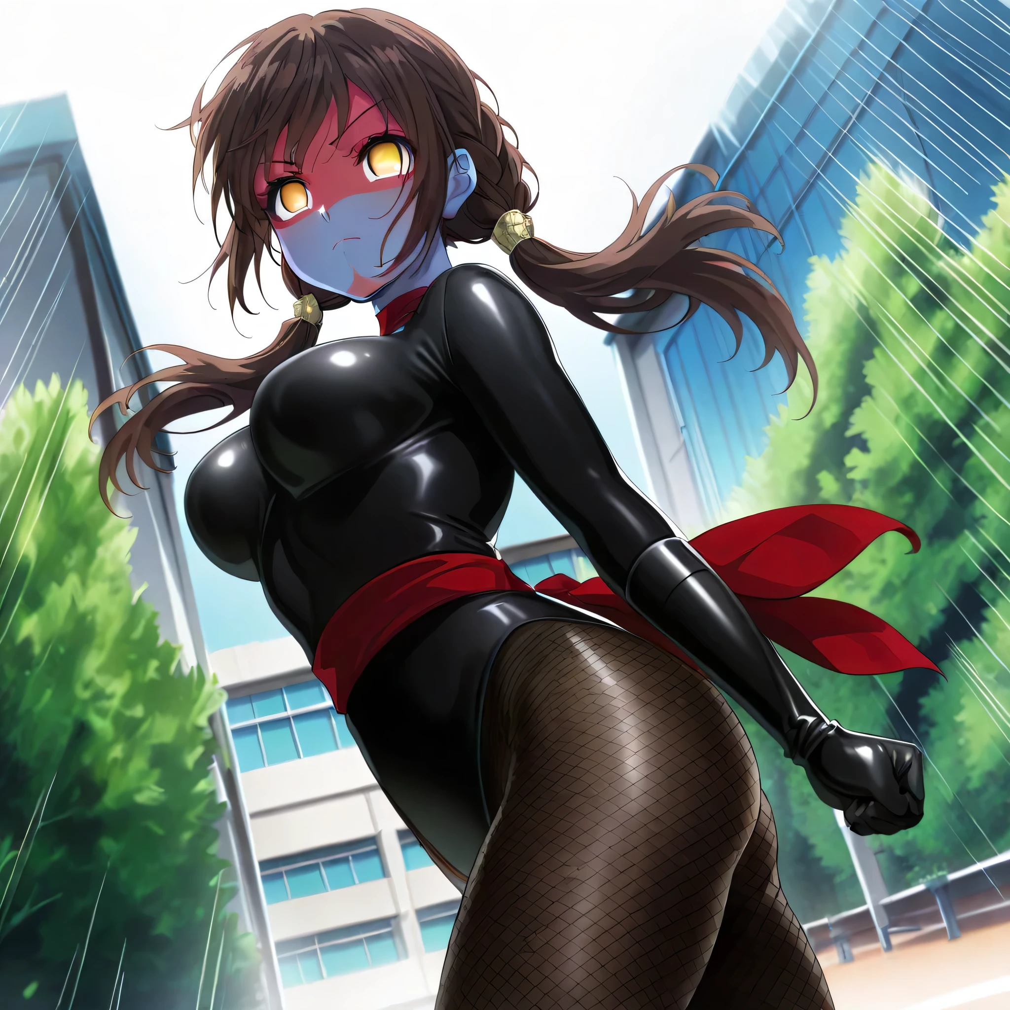 (((Masterpiece))), (((Best Quality))), ((Super Detail)), ultra-High resolution, score_9,score_8_up,score_7_up,score_6_up,score_5_up,score_4_up, BREAK, source_anime, anime screencap, uncensored, Masterpiece, (best shadow), (absurdres), (detailed background), (very aesthetic), detailed beautiful eyes, outstanding, an exquisite animation illustration, curvy, highres, shiny clothing, dark persona, empty eyes, blank eyes, shocker, black leotard, latex elbow gloves, brown fishnet pantyhose, red skin, blue skin, colored skin, red sash, makeup, (((solo, 1girl))), hair ornament, pose, submissive pose, anime style, anime coloring, animification, megami magazine, pose, dynamic angle, cinematic angle, dutch angle, dynamic composition, medium , asaka_mari, mari eyes, mari hair, brown hair, low twintails, outdoor, nature, wind, windy, lookinh from side, side , view from side, from side, motion lines, speed lines, speed, serious, serious expression, school, cleched hand, closed mouth, dappled light, sunbeam,