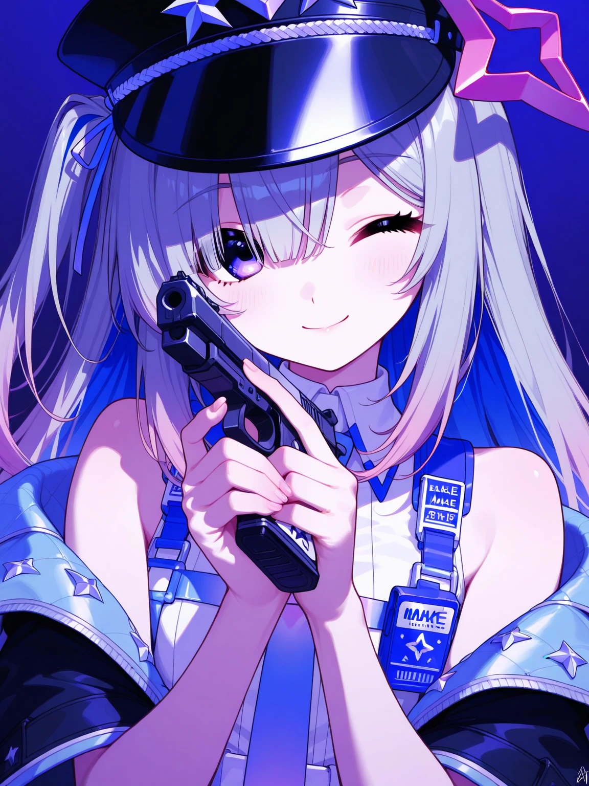 "anime girl, 1 person, silver-white hair mixed with black, blue eyes, wearing headphones, female shirt, female school uniform, , tights, standing cross-legged, holding a gun pointing at the perspective  , side view, , (full HD 4K+ image)"