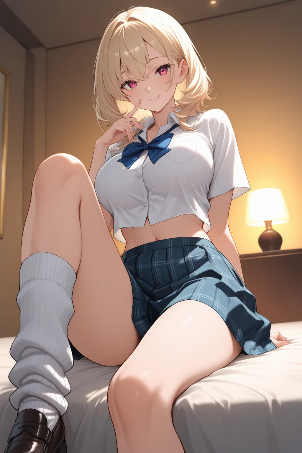 ,masterpiece,ultra detailed,8k, school cardigan,(short plaid pleated skirt),detailed face,bright eyes,adult curvy body,(tanned skin:1.1),(japanese gyaru),baby face,cute face,wet naughty ,lying on floor,knees up,carpet,painted toe-nails,makeup,at messy private room,messy room,left clothes on floor,wardrobe,desk,frontshot,medium hair,laughing,thick thighs,