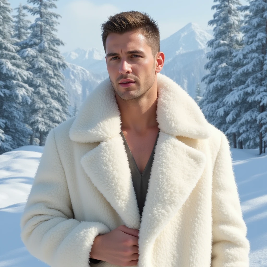 1 stocky  Russian gay is standing with his legs and thighs opened and spread in the snow with wide landscape of snowfield , 1 man only, no other people, iceblocks and icelake and snow scene, he is wearing white fur gloves, fur woolen hat to cover snow , moustache,  hair, white   bikini highlighting big bulge and big butts, Wear knee-length fur shoes.,masculine and stocky, , handsome face with detailed  features,  and wearing nothing, correct accurate male ,skinny boy body, muscle body,sport body, big muscle, Handsome face, wet oiled waxy shiny greasy muscles and skin, flawless white skin, masterpiece, professional DSLR shoot and retouching, illustration art, shadow, highlight, sharpness, depth of field, dessert and Russian snow field environment, sexy, hot gay  illustration art, sexy and hot