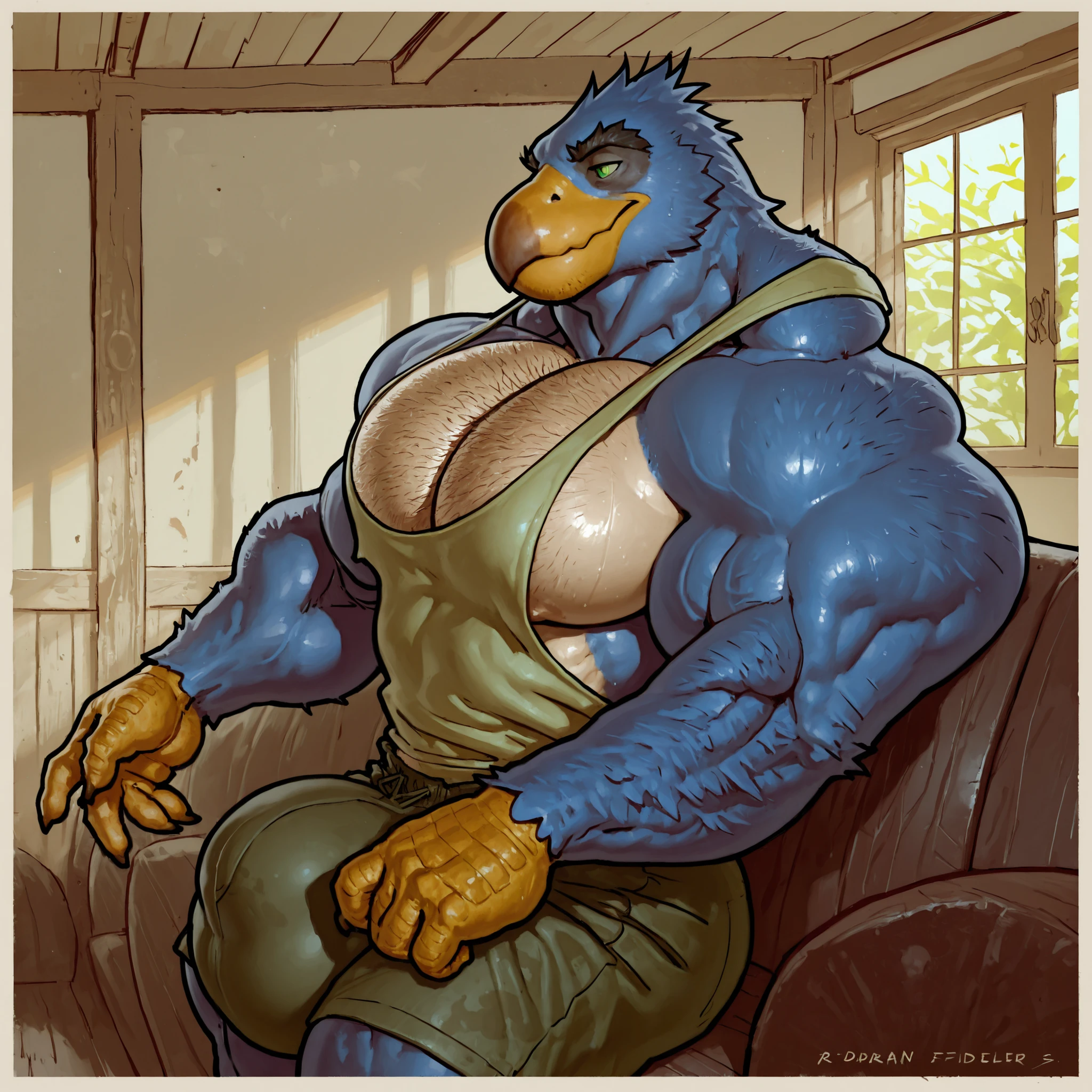 r-s, detailed face, detailed body, detailed eyes, perfect hands, perfect , masterpiece, high quality, best quality, 1boy, furry, bird boy, stubble, manly thick eyebrow, green eyes, smug, side pec, slip, shorts, huge bulge, hyper muscles, (taran fiddler), very huge pectorals, massive pecs, puffy , hairy, hair, sweat, sweaty, sweat stain, detailed background, pectoral focus, side view, indoors, sat on sofa