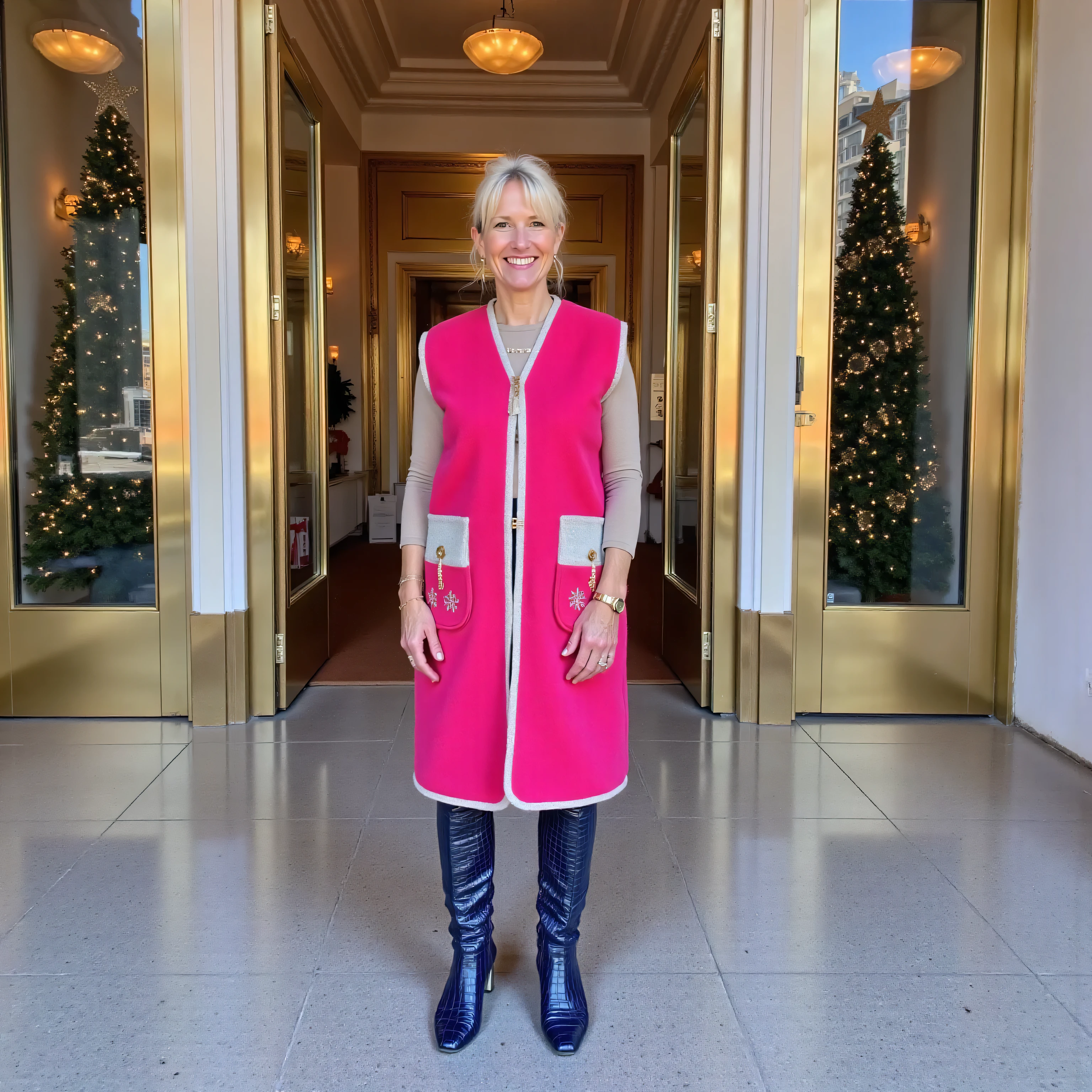 a 39 year old tall woman wearing a MongolianWoolVest25 made of bright pink wool with polished silver wool pockets, standing in front of the PetronasTowers main doorways on the sidewalk, Wearing Samef2025khb that are blue crocodile print vinyl, wearing a bright silver scbelt2025 that has white snowflakes, the city is decorated for Christmas, there are Christmas lights on Petronas towers