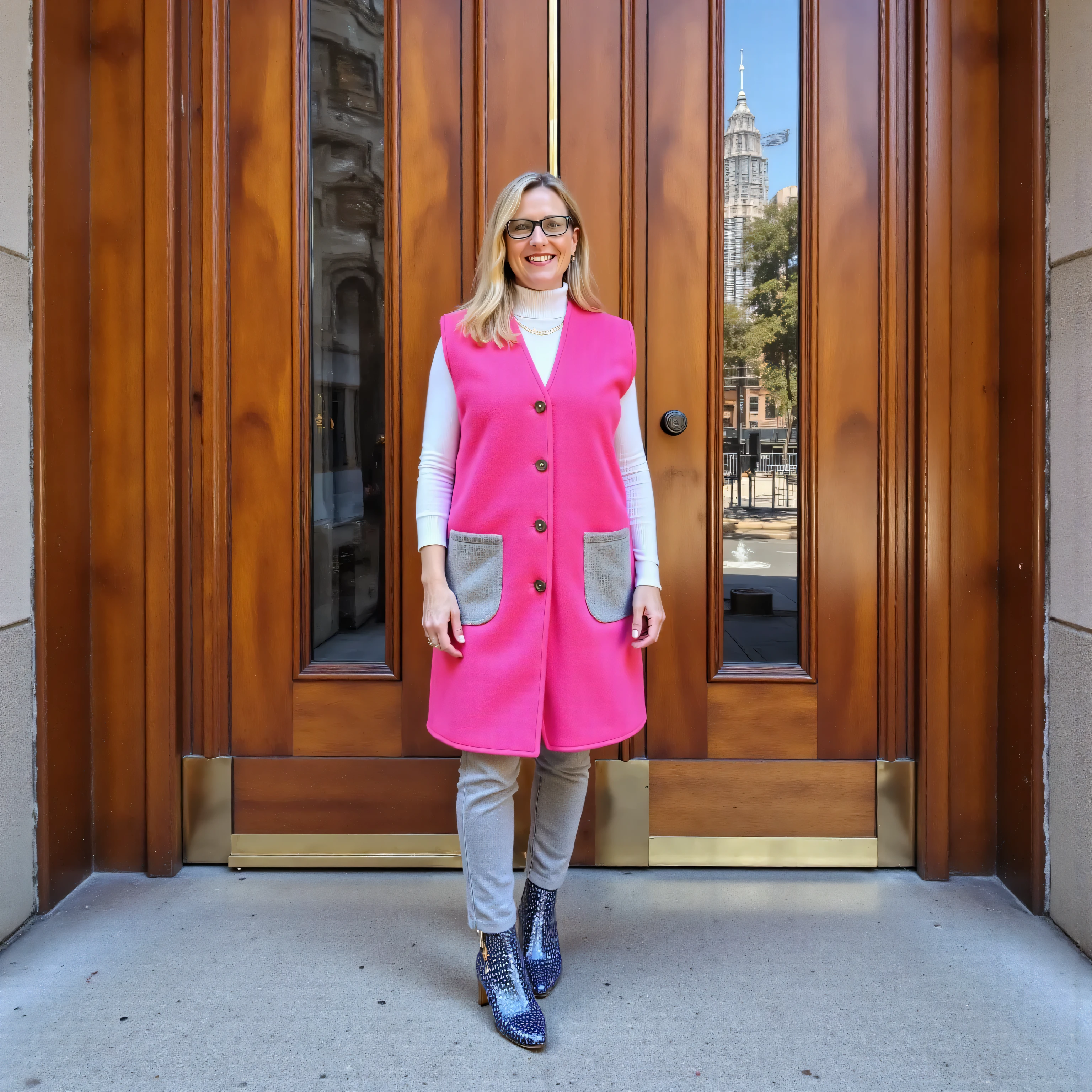a 39 year old tall woman wearing a MongolianWoolVest25 made of bright pink wool with polished silver wool pockets, standing in front of the PetronasTowers main doorways on the sidewalk, Wearing Samef2025khb that are blue crocodile print vinyl, wearing a bright silver scbelt2025 that has white snowflakes, the city is decorated for Christmas, there are Christmas lights on Petronas towers
