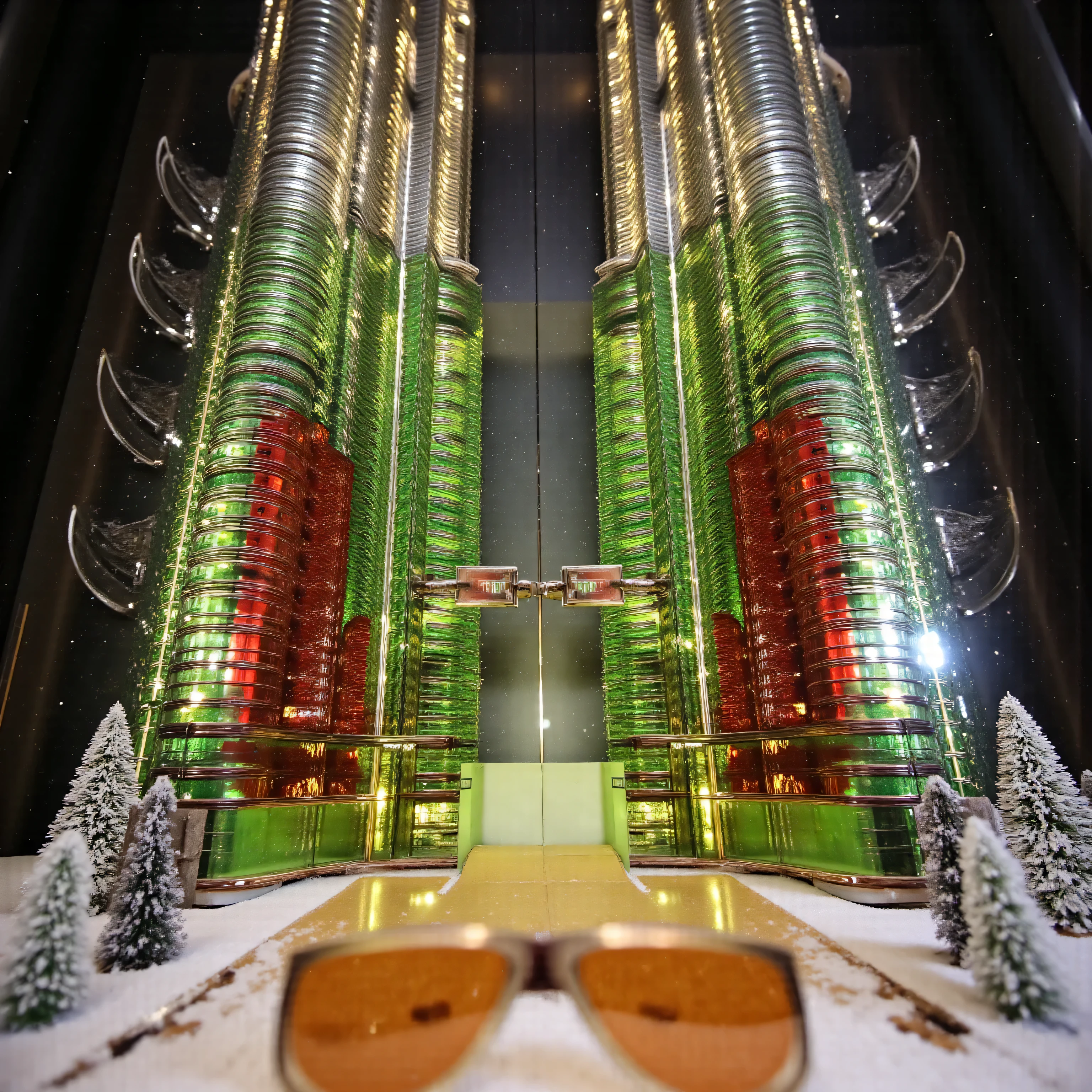 Petronas Towers made entirely from green and red stained glass, in a snow globe