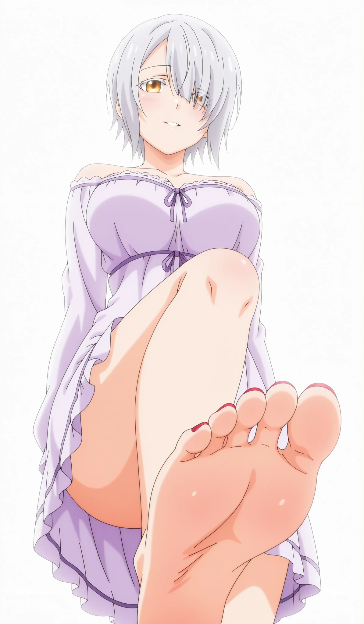 anime_source, source_anime, ((anime screencap)), anime drawing, (masterpiece), best quality, best illustration

1girl, solo, parted lips, light smile, blush, yandere
short hair, hair over one eye, grey hair, yellow eyes, looking at viewer, athletic body,
((white background)), big breasts, WestiaPajamas , nightgown , off-shoulder dress , ribbon-trimmed dress , light purple dress , purple ribbon , yokozuwari , cтоя, foot focus, sole foot, red pedicure on your feet, long shin, view from below, looking from below, front view,  perfect anatomy foot, 5 toes,  breasts, perfect pose
