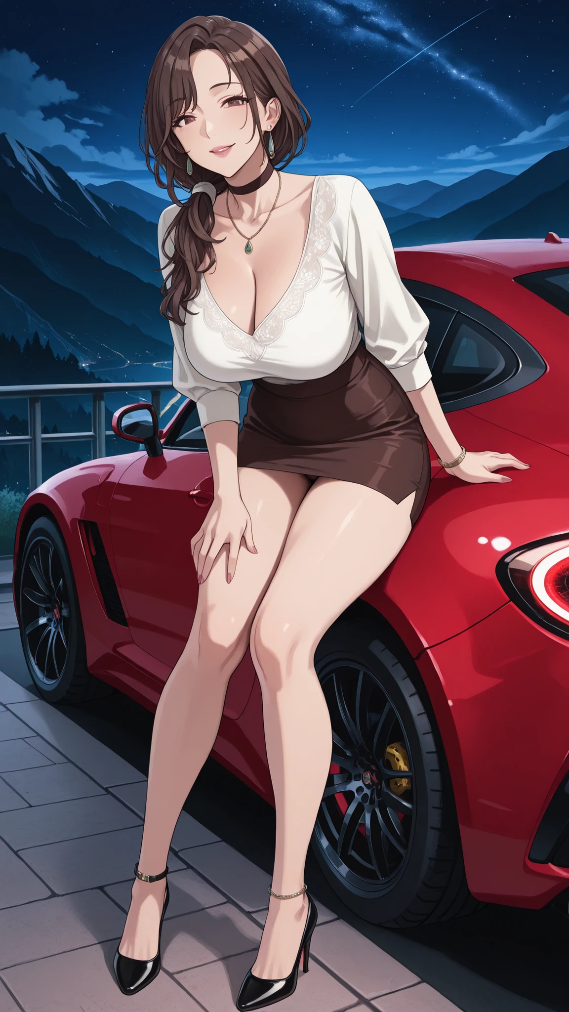 masterpiece, and above in Tokyo, Full Body,low angle,1girl, beautiful woman with a petite body_the woman is 160 cm tall , 美しいmature woman女性,Beautiful women are married and mothers,beautiful shiny skin , dark brown hair, wave hair, long hair, low ponytail,brown hair, dark brown eyes, beautiful eyes, long eyelashes on the head, full lips, Beautiful Lips, attractive lips taken with multiple, a woman's left ring finger,necklace,earrings on the back of the foot,choker,anklet,White Sleek Blouse_Braless,Chest wide open,A very short pencil skirt,short pencil skirt_no panties,red sexy high heels , (美しいbig boobs in front of face), Seductive Full Breasts, big boobs in front of face,seductive cleavage, Beautiful Breasts,Standing Head,attractive thighs,his legs spread out and I can see his vagina, Mother Sees an Ugly Perverted Middle-Aged Man, sensual expression, beautiful appearance, witch-like expression, Friendly Look, adorable look , Gentle smile, Half Open Eyes, I blushed so much., Night Mountain Pass, Simple Night Mountain Path Background, Adult, mature woman, (wife' clothes )car(Behind the metallic blue Nissan Fairlady Z) woman leaning on the hood 。背景は Night Mountain Pass,there is a beautiful night view and a sky full of stars。