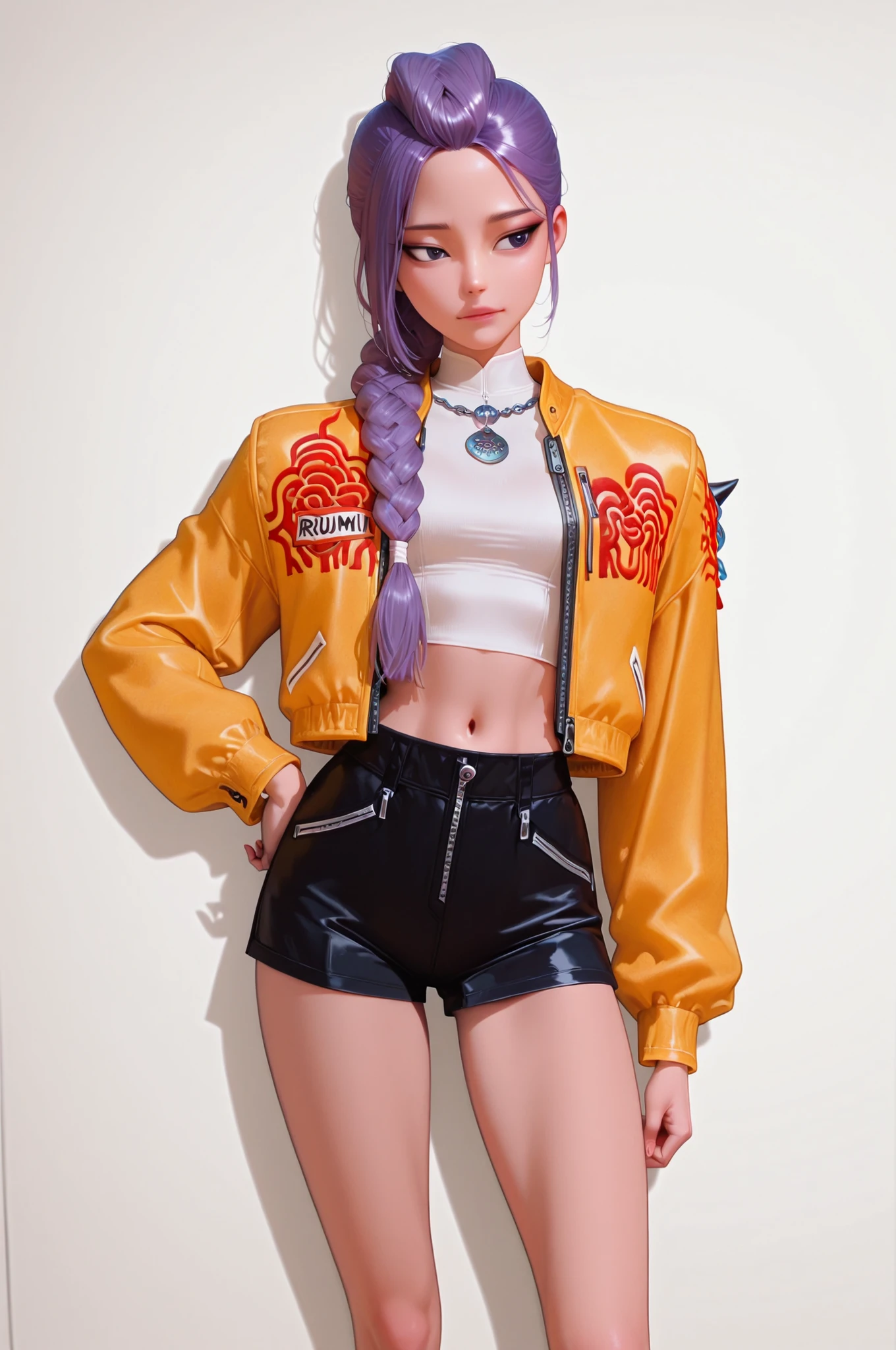 realistic proportions, high quality, sharp image, cel shading, dynamic standing idle, (anime screencap),(Rumi_KDH),rumi \(kpop demon hunters\), rumi, purple hair, one braid, yellow jacket, white crop top, black mini shorts, low rise, navel, white wall background, hand on hip