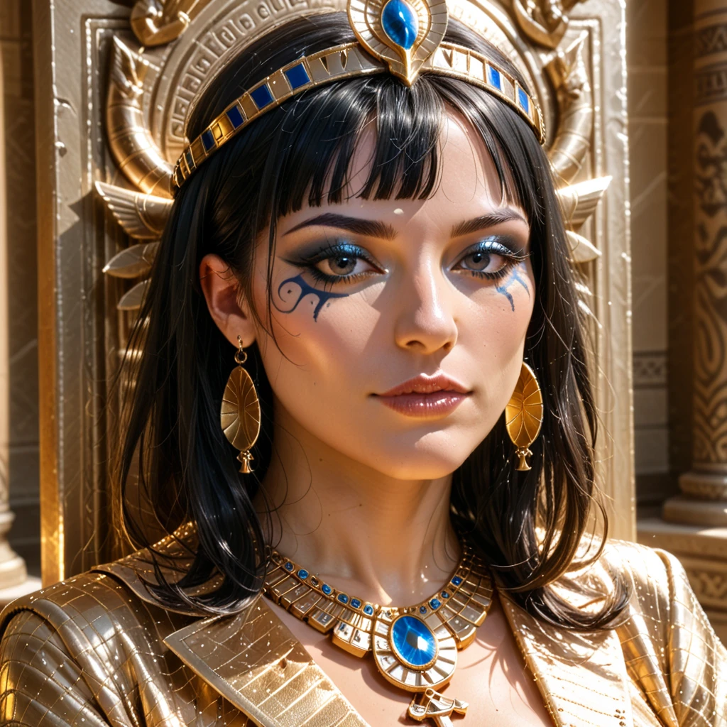Cleopatra from Egypt blue eyes evil face she is beautiful she has big breasts Egyptian outfits on her face white skin rosy nose short black hair hand on mouth sexy looks desudor perfect smile caressing with rings and holding grapes