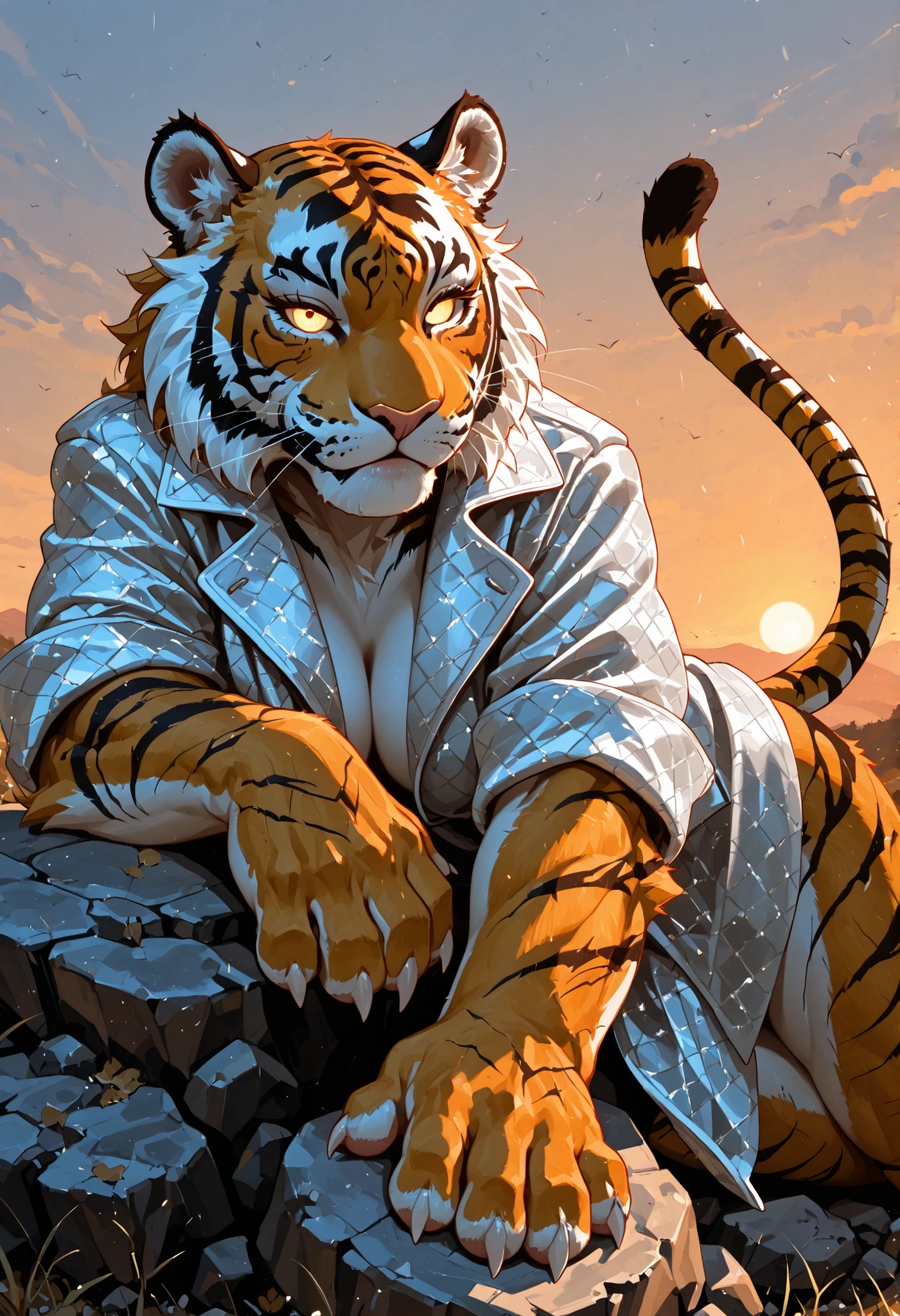 Tiger male, full body covered in fluffy fur, , big muscular , volumetric abs, day, , detailed, uploaded to e621, beautiful and detailed portrait of an anthropomorphic white tiger (((male))) kenket, ross tran, ruan jia, uploaded to e621, zaush, foxovh, movie lighting, moon lights, glowing eyes, white fur, long dark mane of hair, wear black 