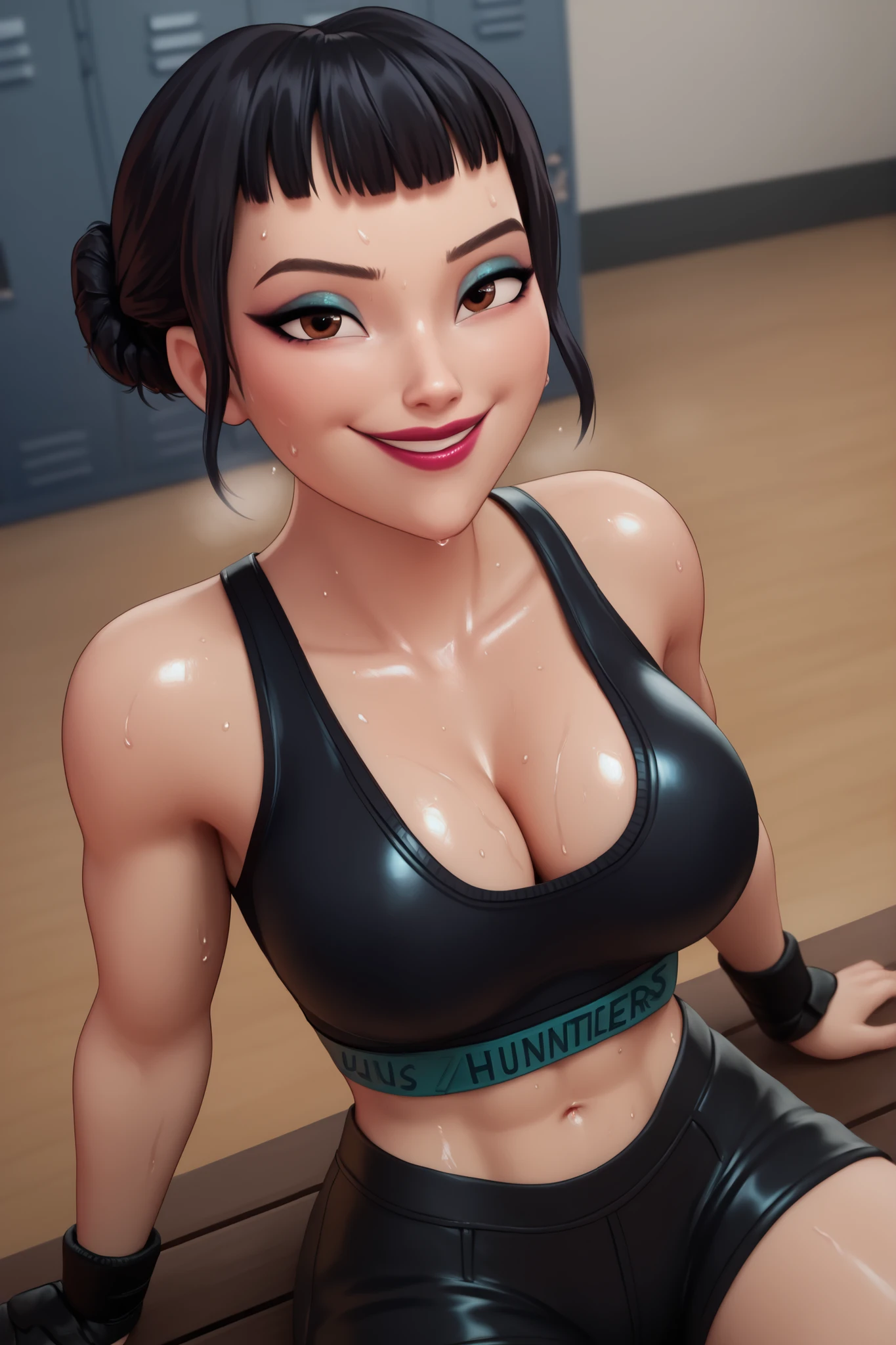 BREAK, score_6_up, score_7_up, score_8_up, score_9, 1girl, solo, kpdh_z0ey, black hair, short hair, hair bun, brown eyes, blunt bangs, lipstick, makeup, official KPop Demon Hunters aesthetic, , busty, cleavage, curvy, athletic, looking at viewer, seducing viewer, teasing viewer, feisty expression, smiling, closed mouth, bedroom eyes, black leather sports bra, black leather boxing shorts, black wrist wraps, midriff, indoors, locker room, sitting on bench, closeup, portrait, upper body, high-angle view, blue eyeshadow, black mascara, sweaty, sweat drops, wet skin, shiny skin