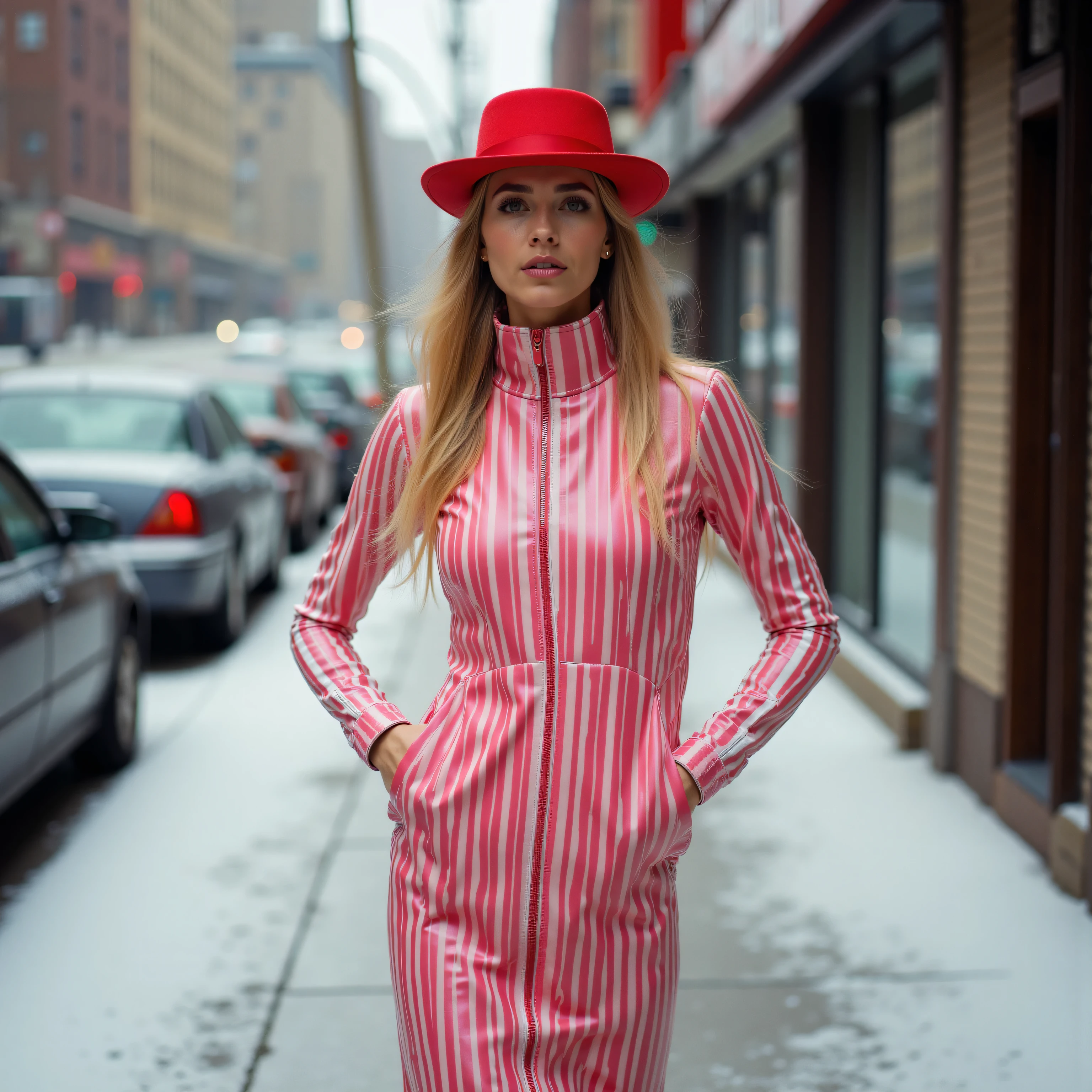 a wide angle portrait of a 39 year old woman wearing pink and white striped samef2025khb made of polished vinyl, wearing a pink and white striped dress made of heavy shiny leather, wearing a red hat, standing in a snow covered city, on a sidewalk near a television store