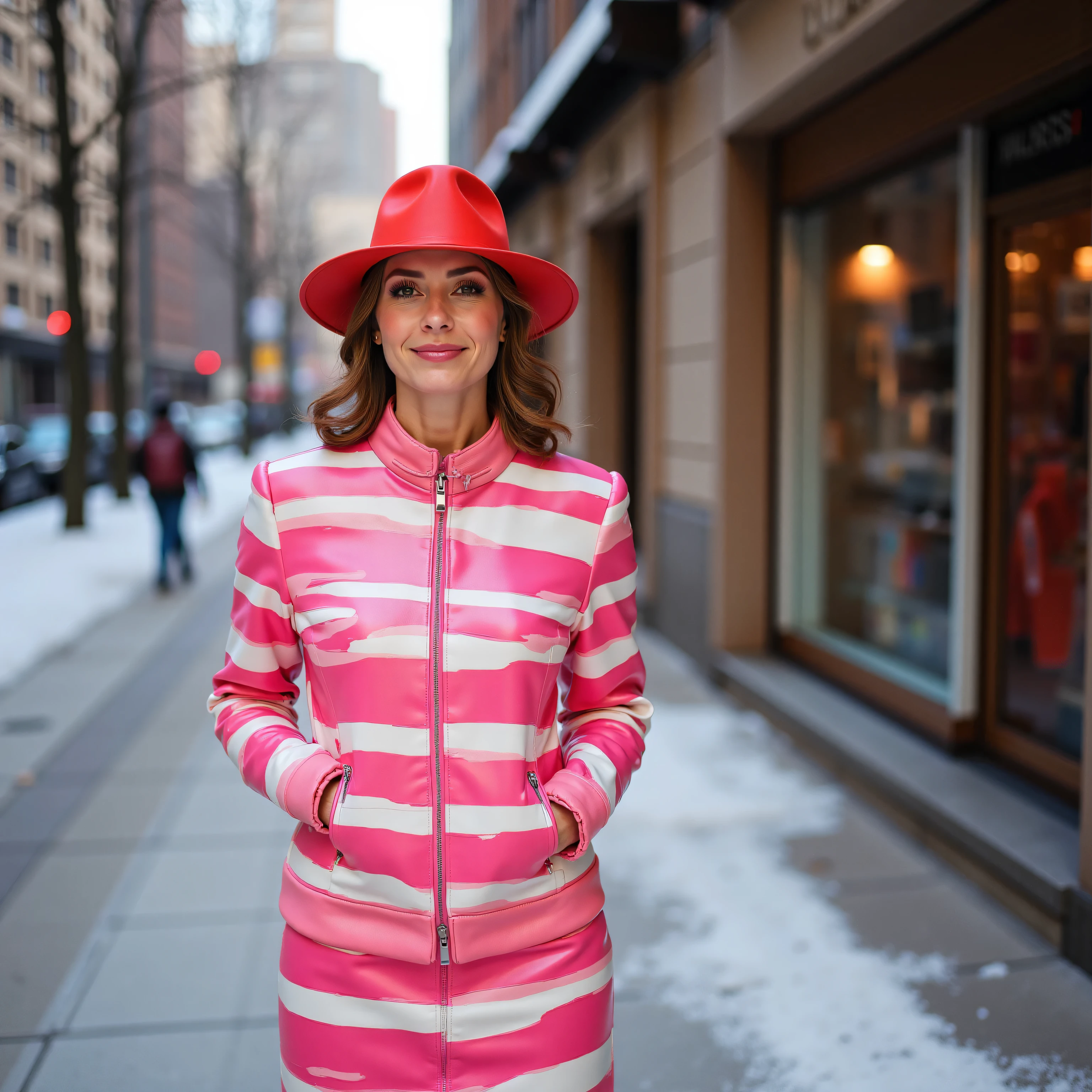 a wide angle portrait of a 39 year old woman wearing pink and white striped samef2025khb made of polished vinyl, wearing a pink and white striped dress made of heavy shiny leather, wearing a red hat, standing in a snow covered city, on a sidewalk near a television store