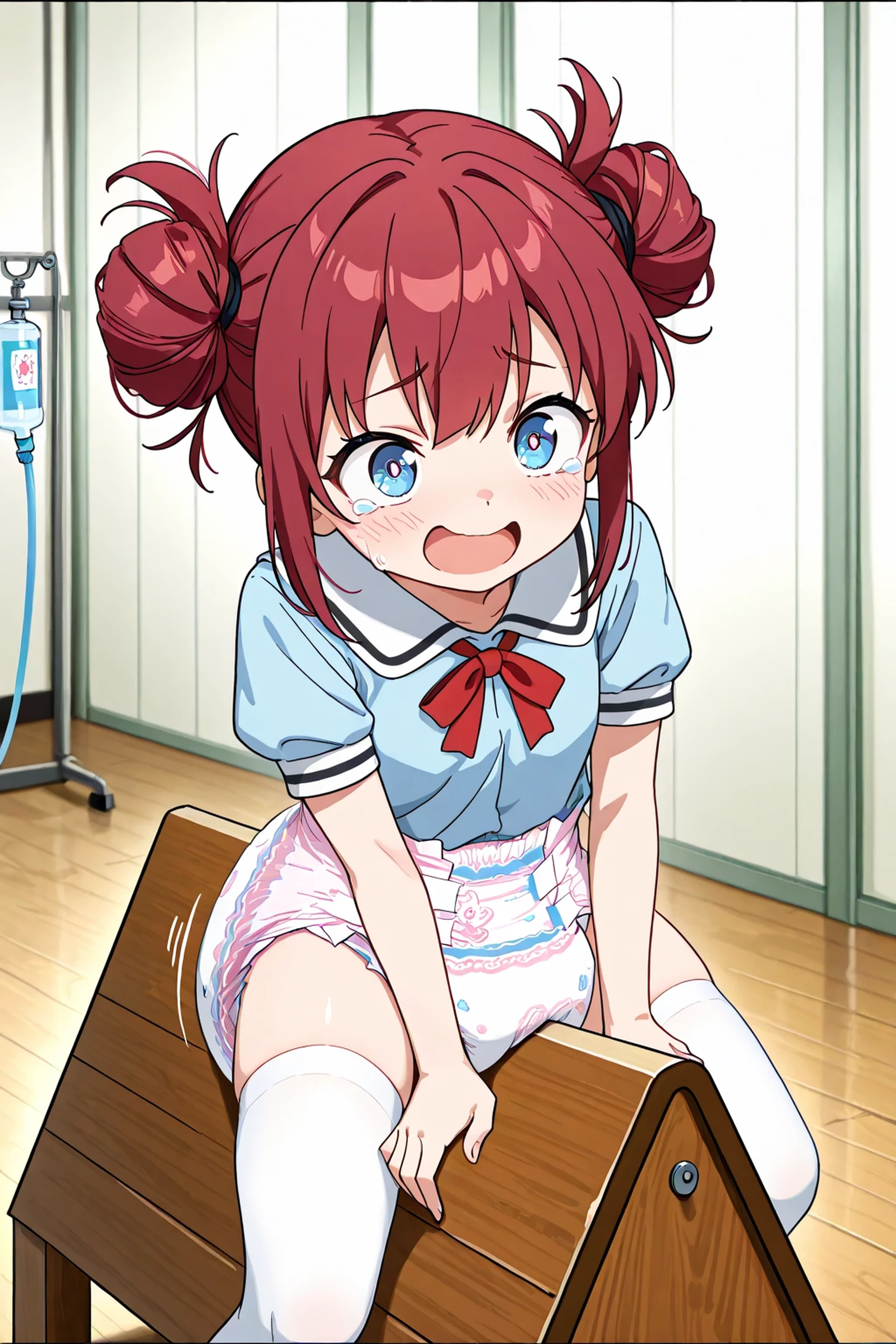 masterpiece , the best quality , anime-style of amazing quality , Sitting on a wooden horse , front view , white stockings , white diaper , lean forward , panic , line of motion , high resolution hairstyle , front view , feature film , expressive face , blue eyes , red hair , a pity , disturbance , her eyes are almost crying , schoolgirl , enema , a girl gets an enema