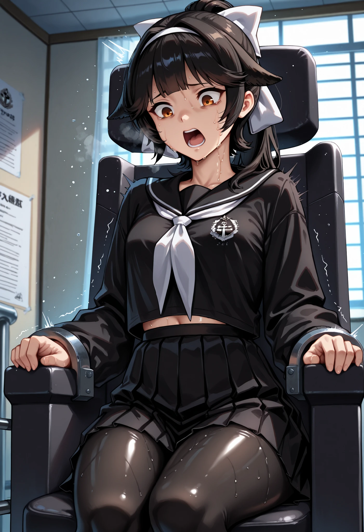 masterpiece, best quality, absurdres, highres, 1girl, solo, takao \(school romanza\) \(azur lane\), age down, small , medium hair, school uniform, black uniform, black skirt, black pantyhoses, breathing, shaking, shivering, sweating, sitting,cowboy shot, restraint chair, hands chained, (hands on armchair), scared, screaming, looking down, indoors, Oversized Clothes, oversized uniform, oversized pantyhoses,
