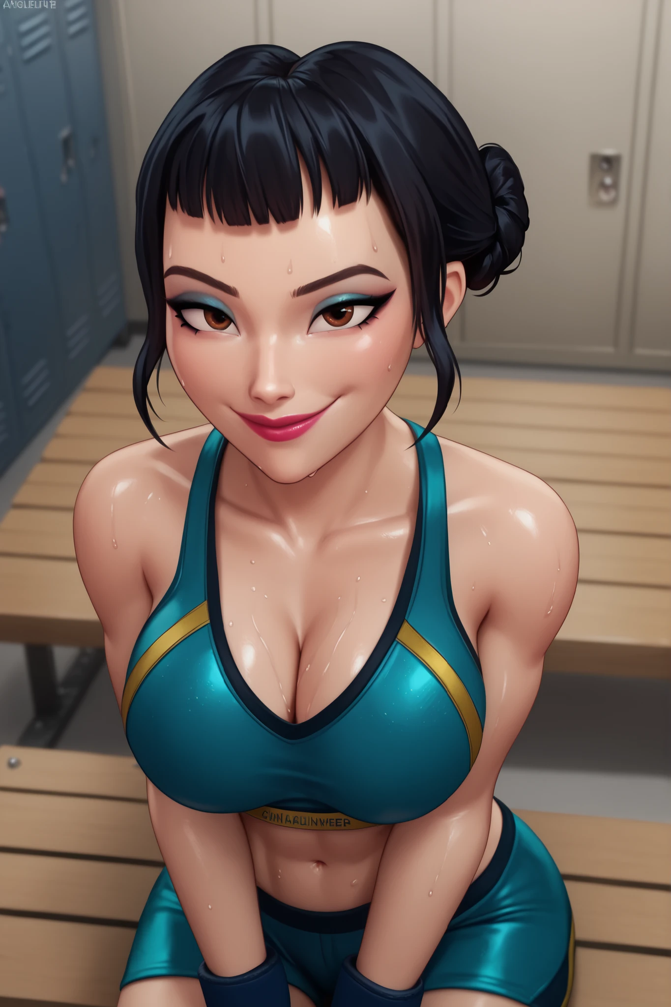 BREAK, score_6_up, score_7_up, score_8_up, score_9, 1girl, solo, kpdh_z0ey, black hair, short hair, hair bun, brown eyes, blunt bangs, lipstick, makeup, official KPop Demon Hunters aesthetic, , busty, cleavage, curvy, athletic, looking at viewer, seducing viewer, teasing viewer, feisty expression, smiling, closed mouth, bedroom eyes, blue sports bra, dark blue boxing shorts with yellow trim, blue wrist wraps, midriff, indoors, locker room, sitting on bench, closeup, portrait, upper body, high-angle view, blue eyeshadow, black mascara, sweaty, sweat drops, wet skin, shiny skin