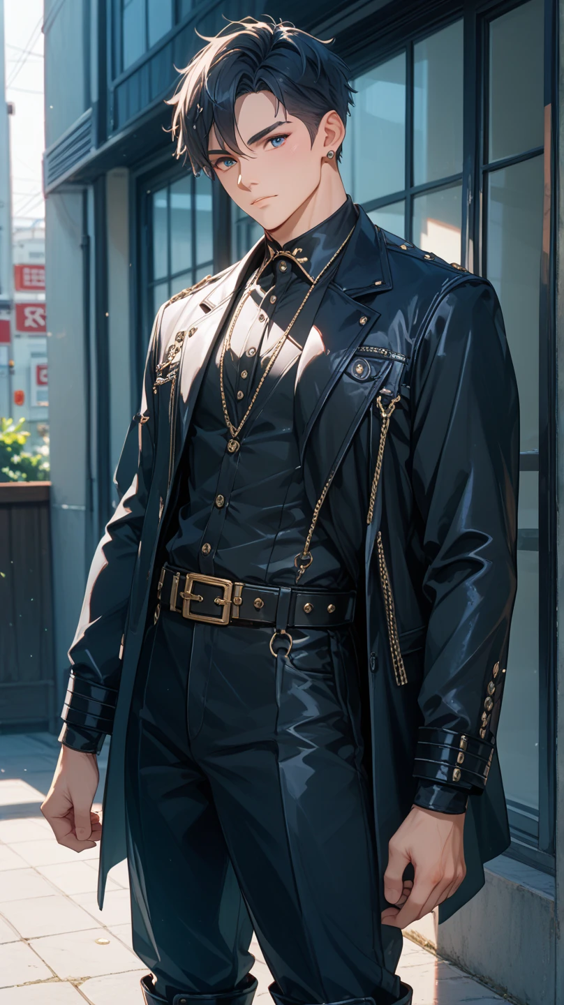 Dangerous handsome man with grey hair wearing a long leather coat, man wearing a black bonet, man with grey messy long hair, wavy grey hair, combat boots, in a dynamic pose, holding his hat, whip, mischievous smile, sci fi, (8k, RAW photo, photorealistic:1.25) ,( lipgloss, eyelashes, man, gloss-face, glossy skin, dark skin, dark snik, male, best quality, ultra highres, young man, depth of field, chromatic aberration, caustics, Broad lighting, natural shading,Kpop idol) looking at viewer with a serene and god-like happiness, playful alluring smirk